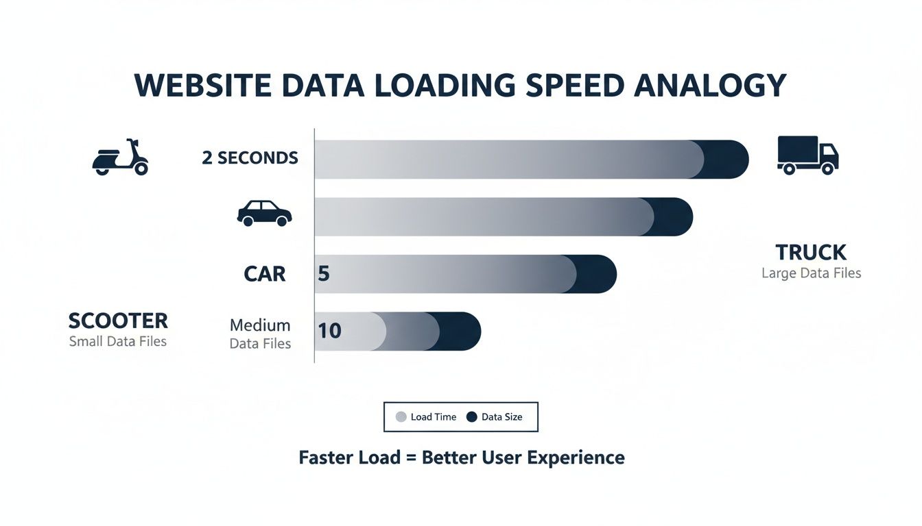 Bar chart comparing website data loading speed using vehicle analogy, showing small files load faster than large files.