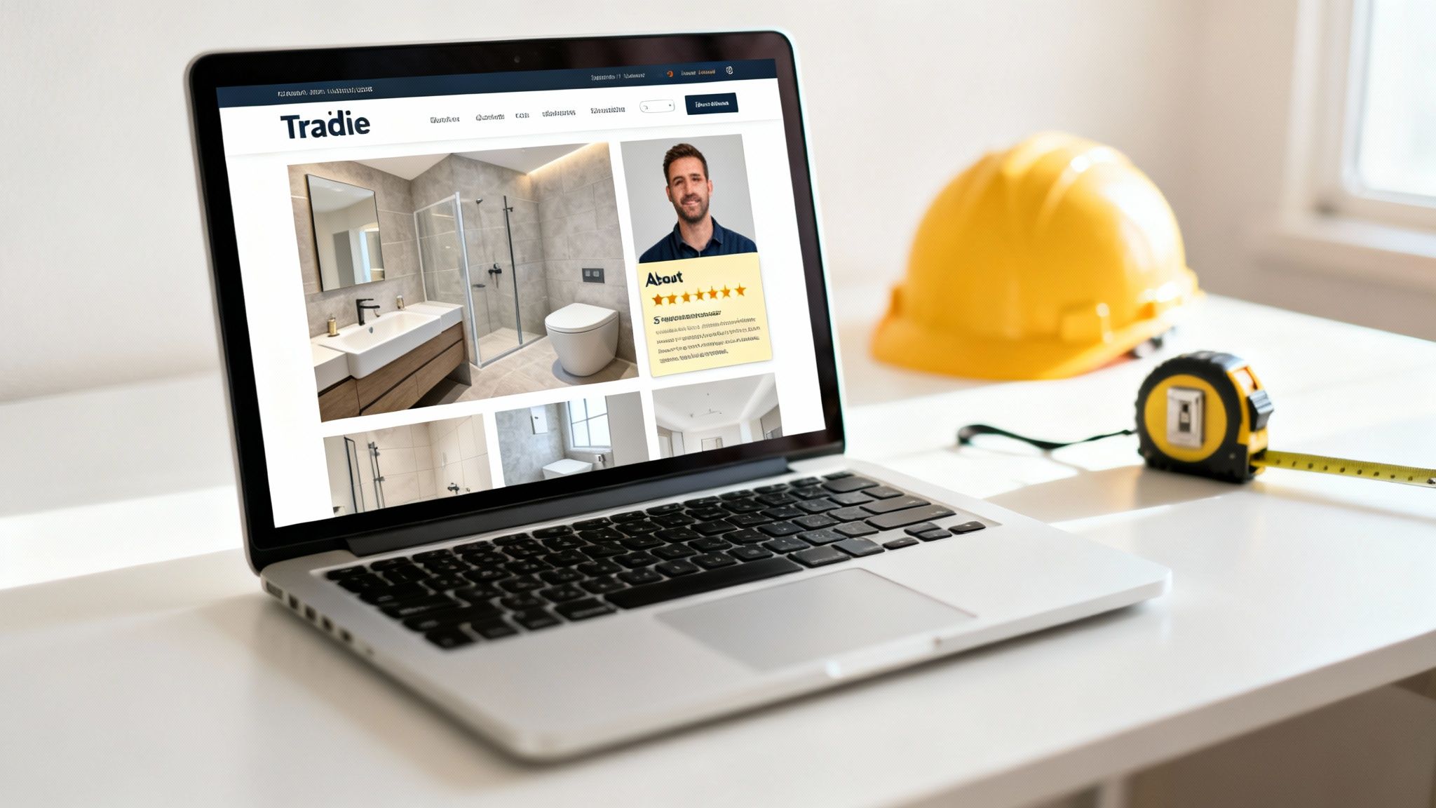 Laptop on a white desk displays a Tradie website with bathroom renovation images, next to a hard hat and measuring tape.