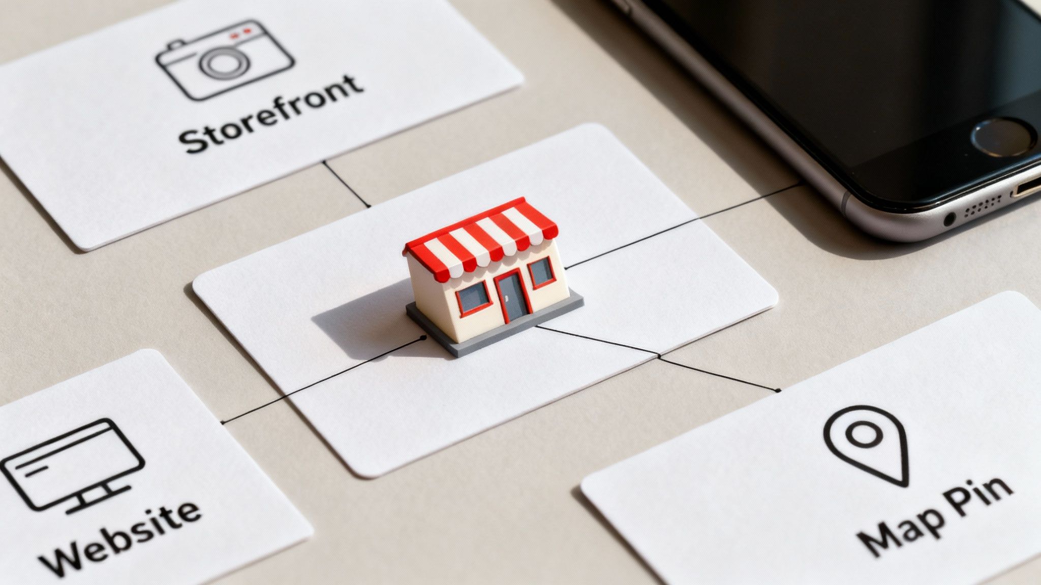 Miniature shop connected to cards representing storefront, website, and map pin for small business SEO.