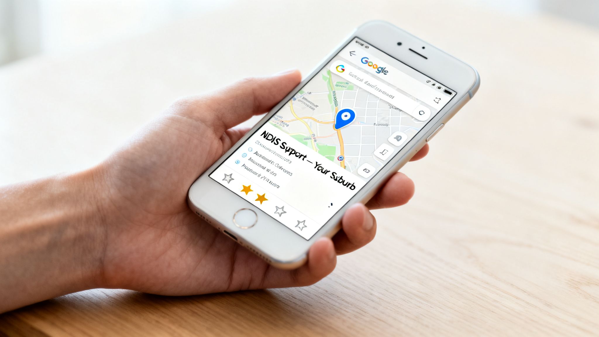 A hand holding a smartphone showing Google Maps results for "NDIS Support - Your Suburb" with two gold stars.
