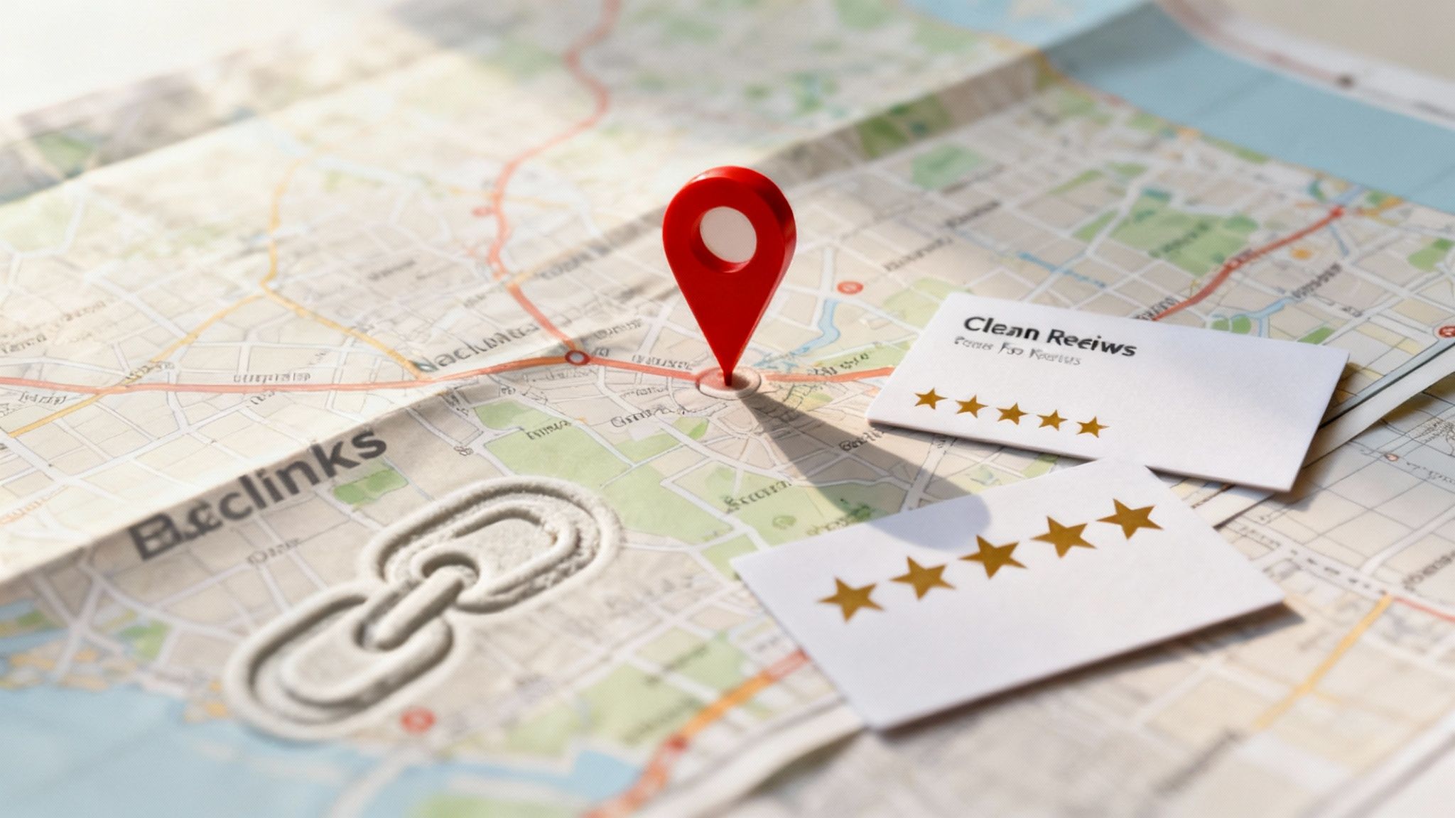 Red location pin on map with backlinks icon and five star customer review cards