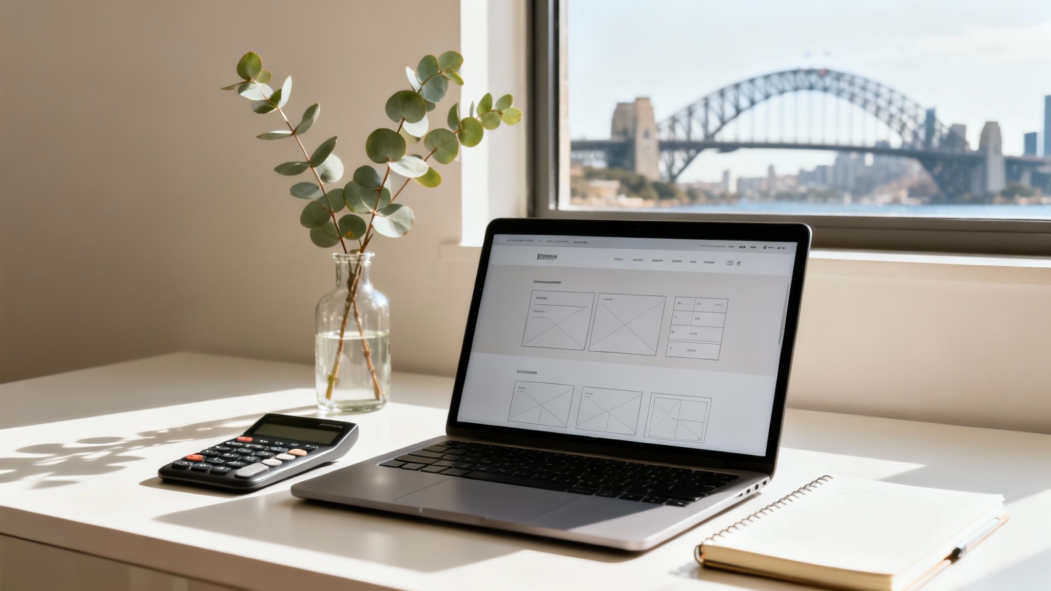 A modern home office with a laptop displaying a wireframe, calculator, and a view of the Sydney Harbour Bridge.