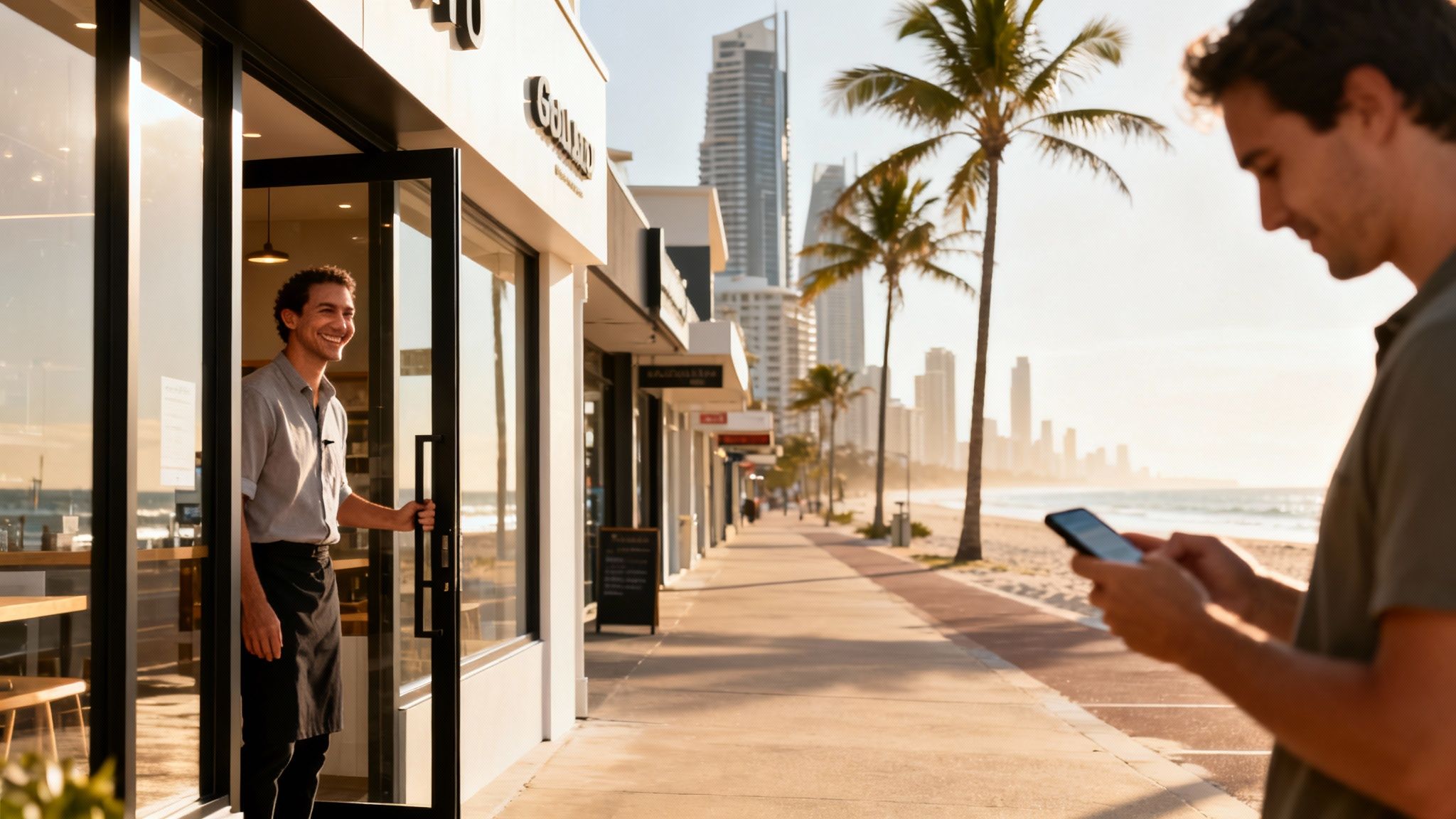 A smiling man in an apron welcomes customers from a bright shop on a sunny Gold Coast promenade.