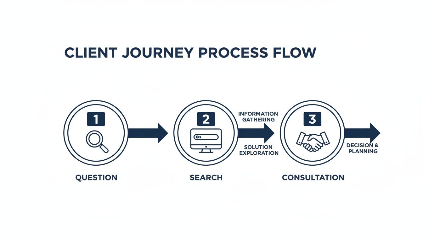Client journey process flow showing three steps: Question, Search, and Consultation, with arrows.