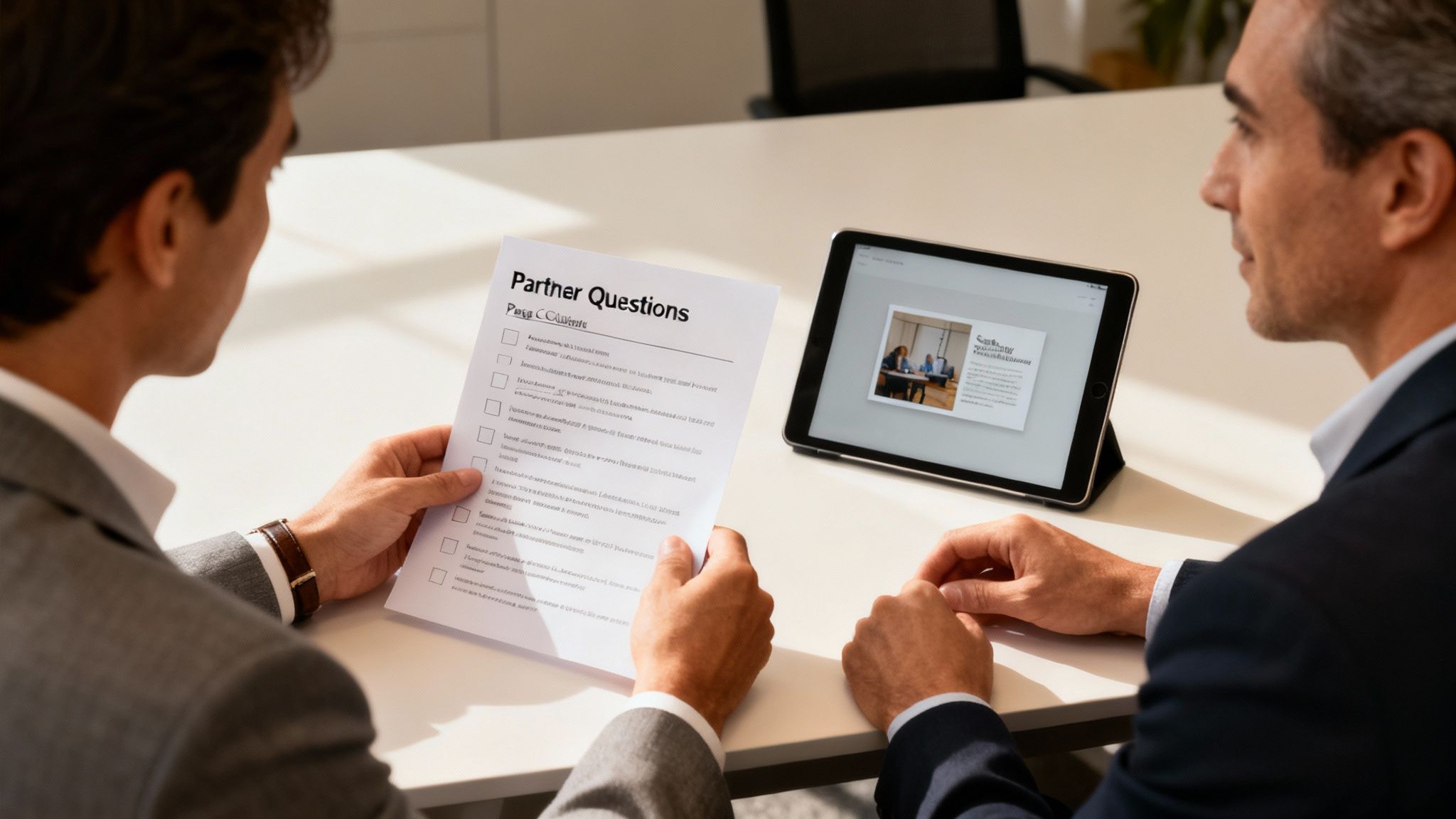Two business partners discuss a document and view a digital presentation on a tablet.