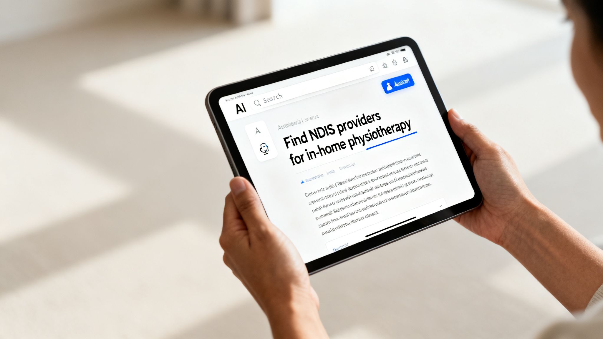 Hands holding a tablet displaying a search result for NDIS in-home physiotherapy services.