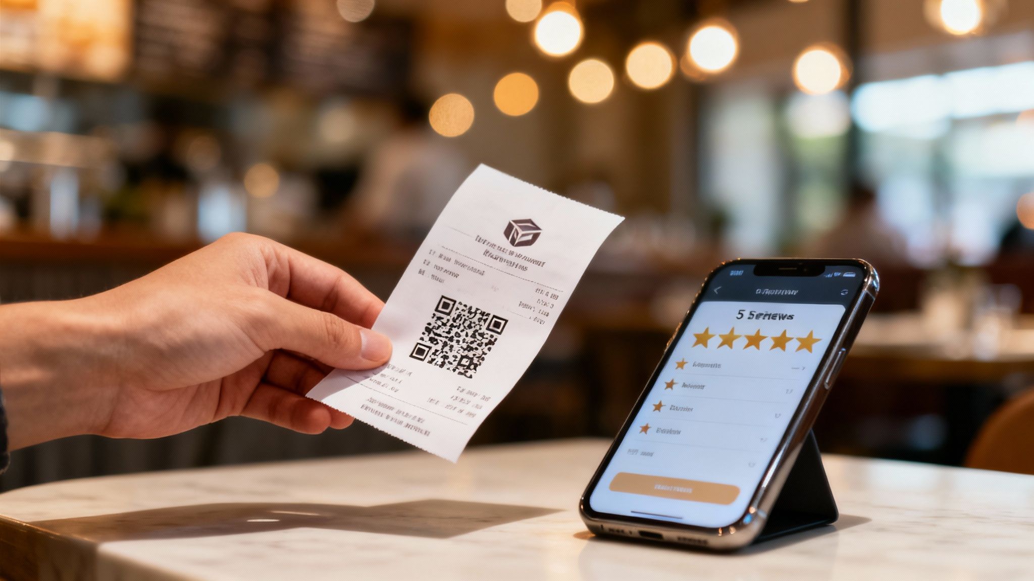 Hand holding a restaurant receipt with a QR code, beside a smartphone displaying 5-star customer reviews.