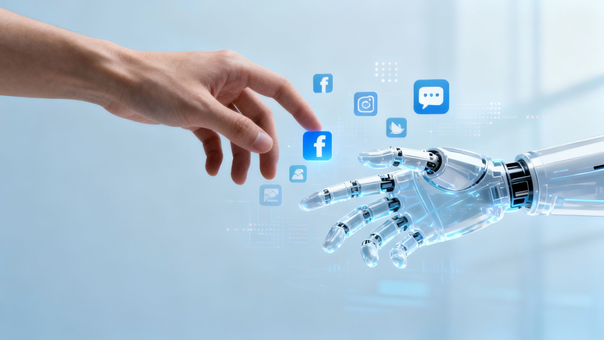Human hand touches glowing Facebook icon, interacting with a futuristic robot hand and social media.