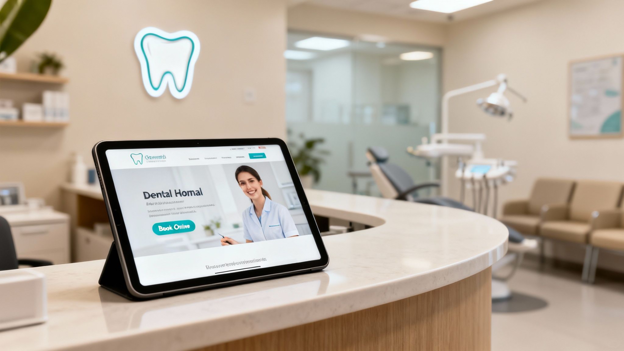 A tablet displaying a 'Dental Homal' website with a female dentist, placed on a reception desk in a modern dental clinic.