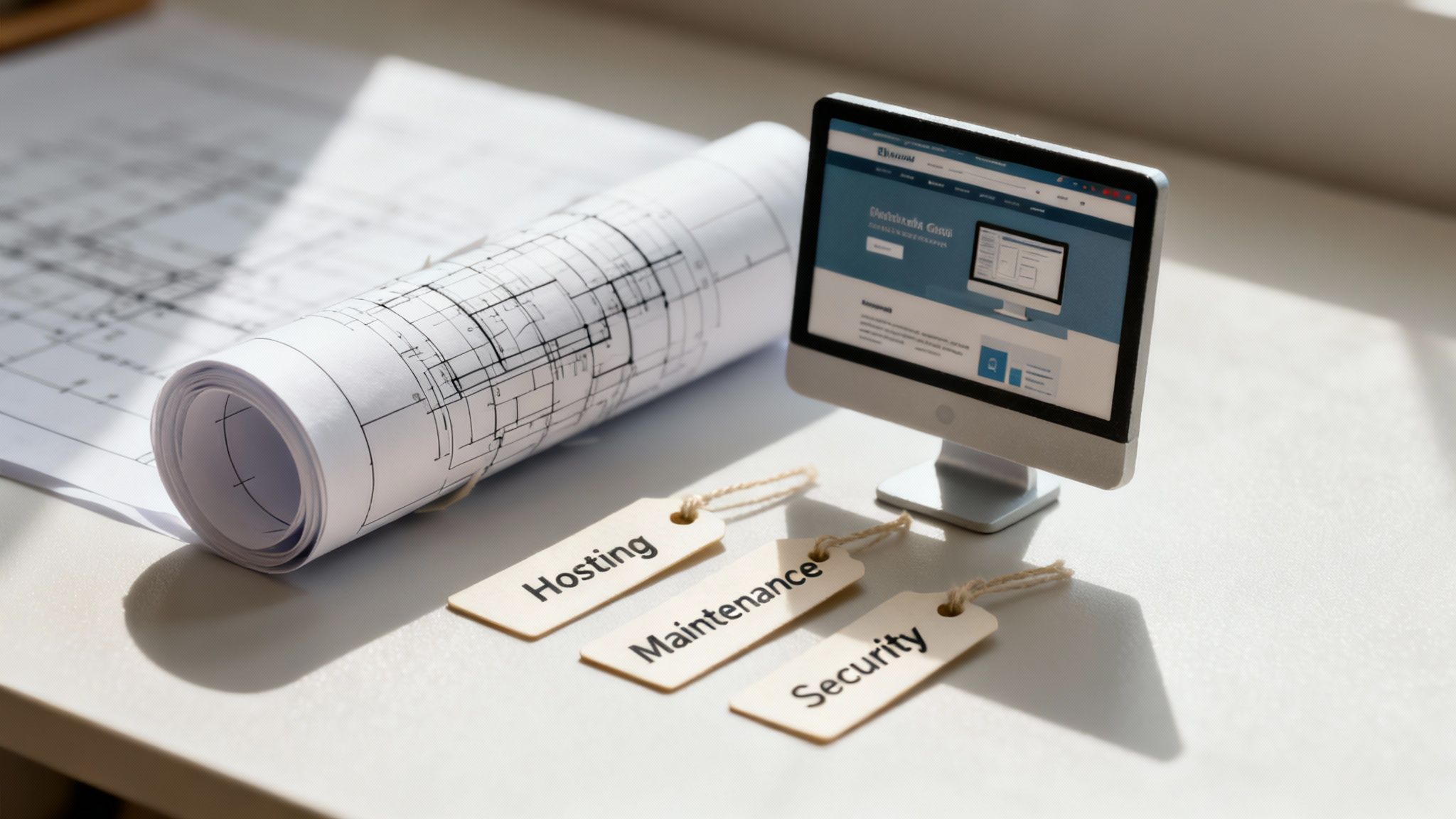 A desk with architectural blueprints, a miniature computer showing web design, and tags for hosting, maintenance, security.