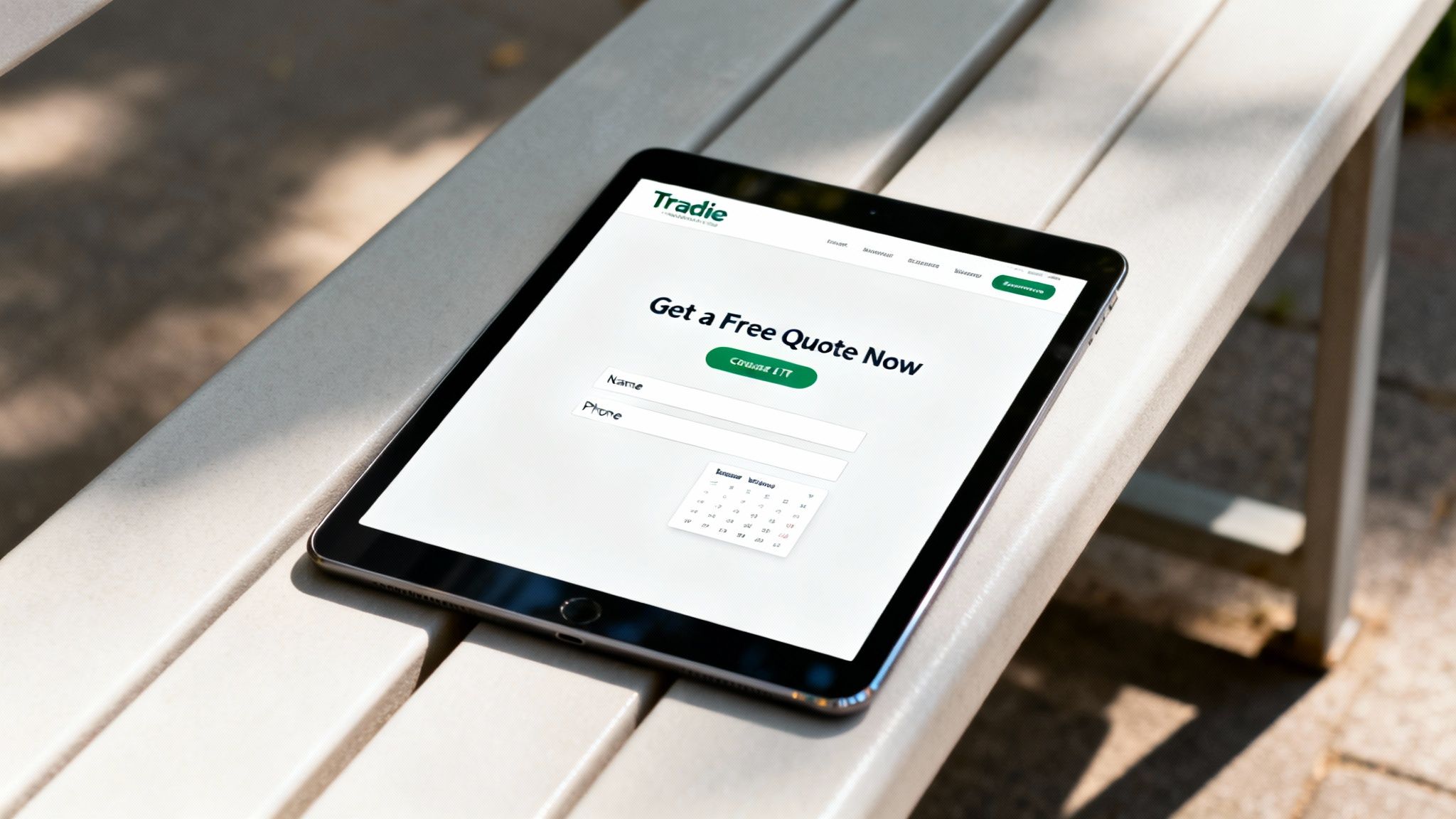 iPad displaying a Tradie website with a quote form for name and phone, on an outdoor bench.