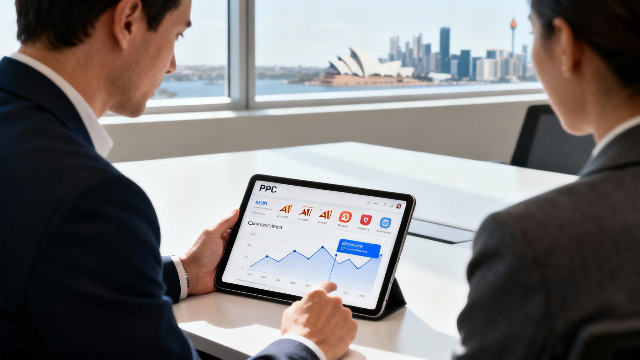 Two business professionals analyzing a PPC data dashboard on a tablet in a modern office overlooking a city skyline.