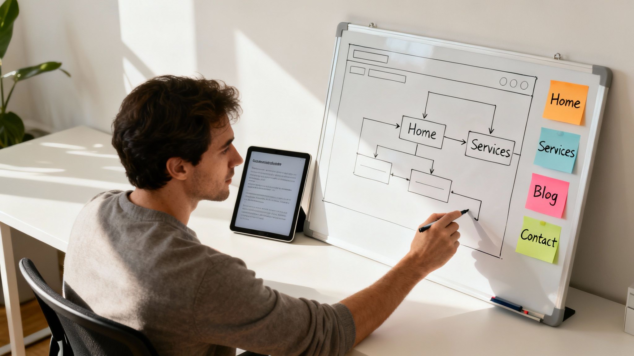 A man designs website content, sketching a sitemap on a whiteboard while looking at a tablet.