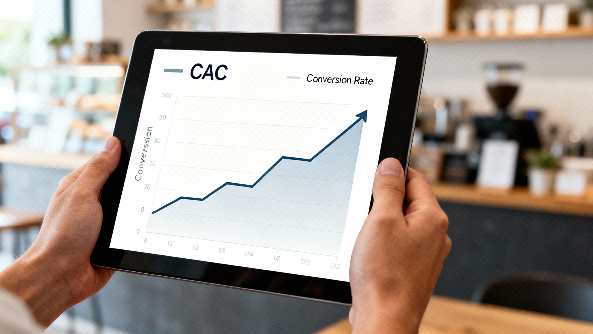 A person holds a tablet showing a rising line graph for "Conversion" and "CAC" in a cafe.