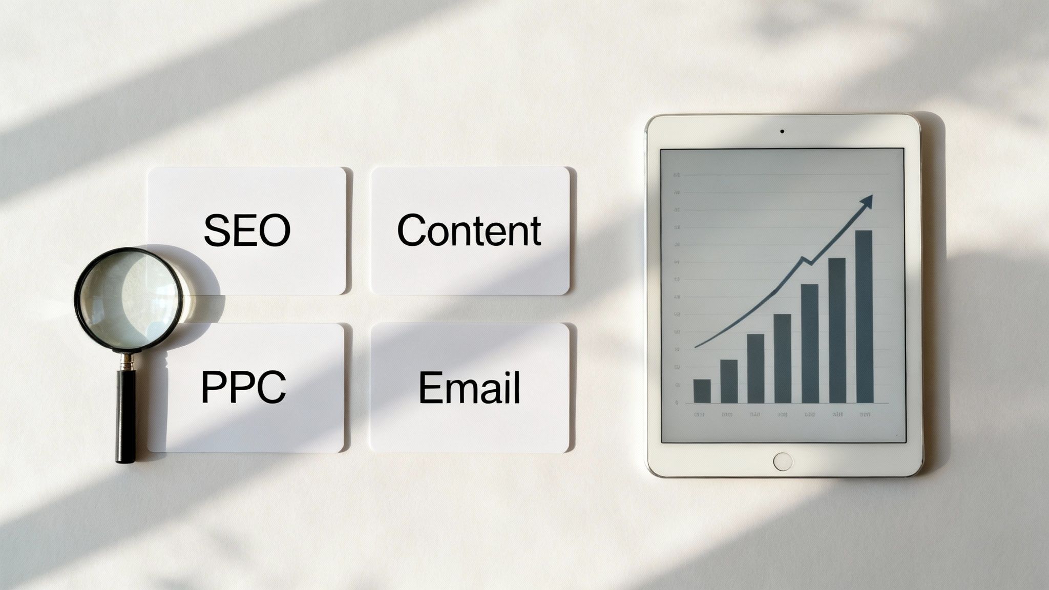 A digital marketing consultant and a business owner looking at a tablet showing business growth charts.