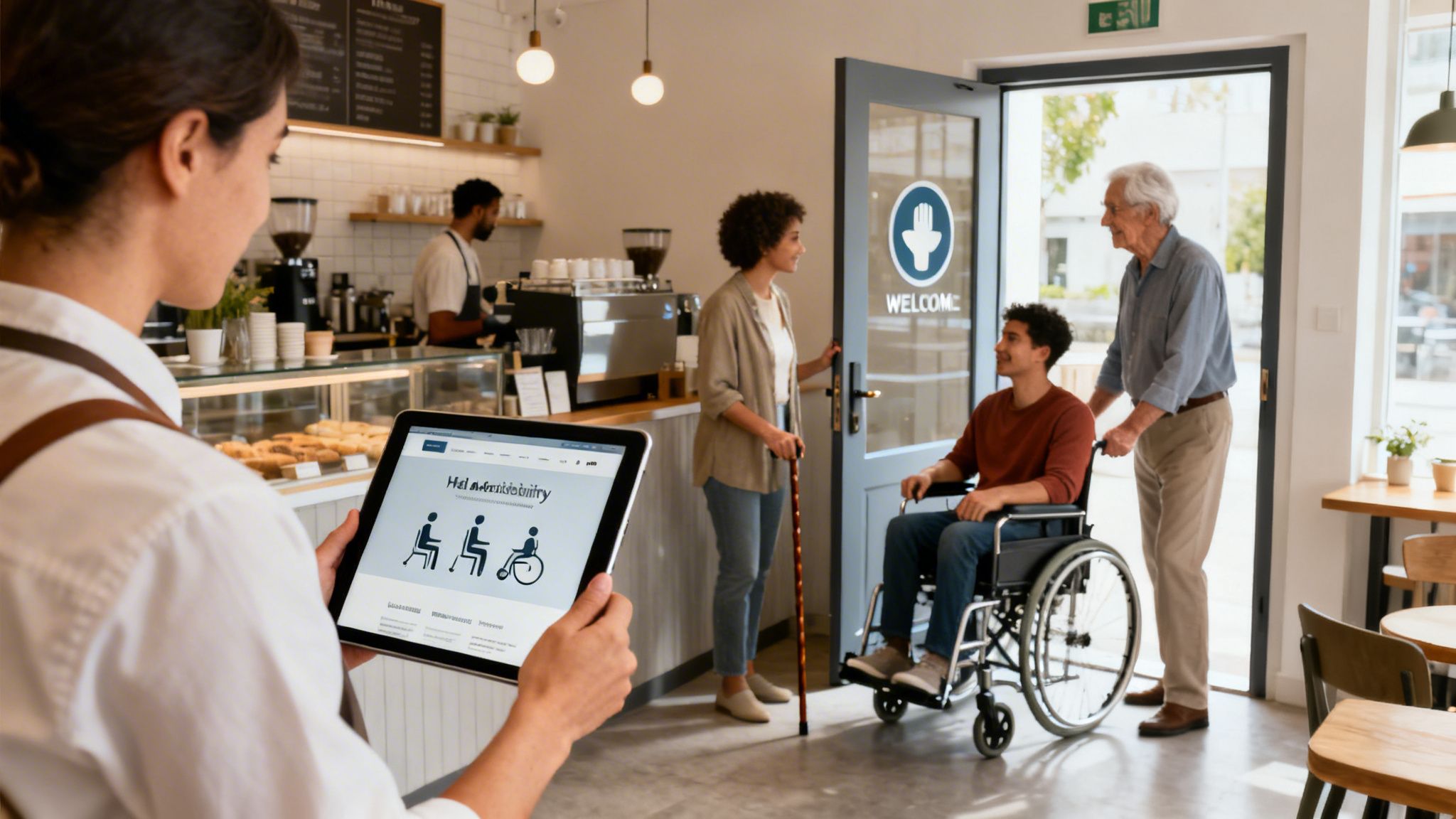 Barista reviews a tablet showing accessibility icons as customers with disabilities enter a modern cafe.