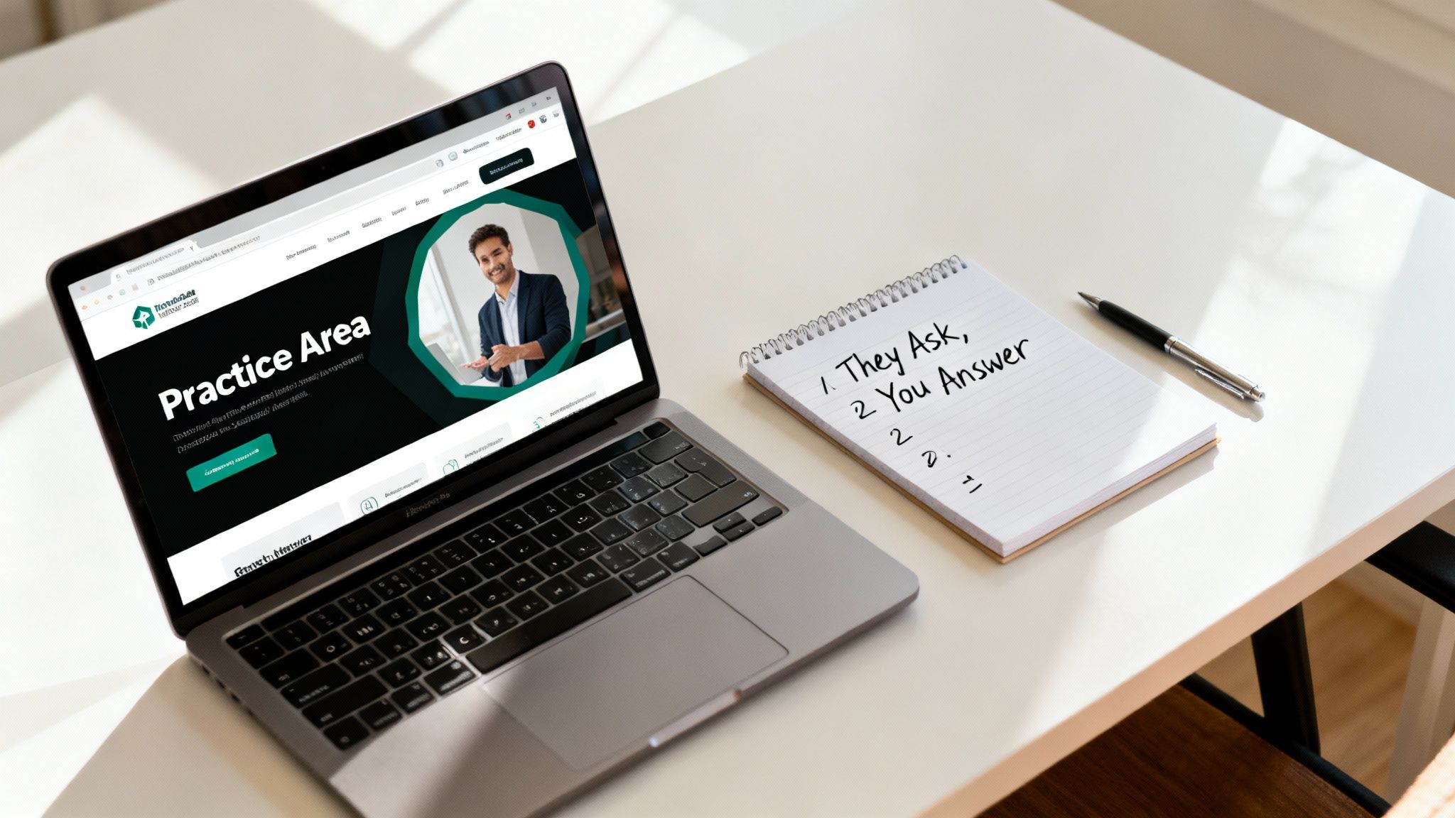 Laptop displaying a law firm's practice area website next to a notepad with 'They Ask, You Answer' and a pen.