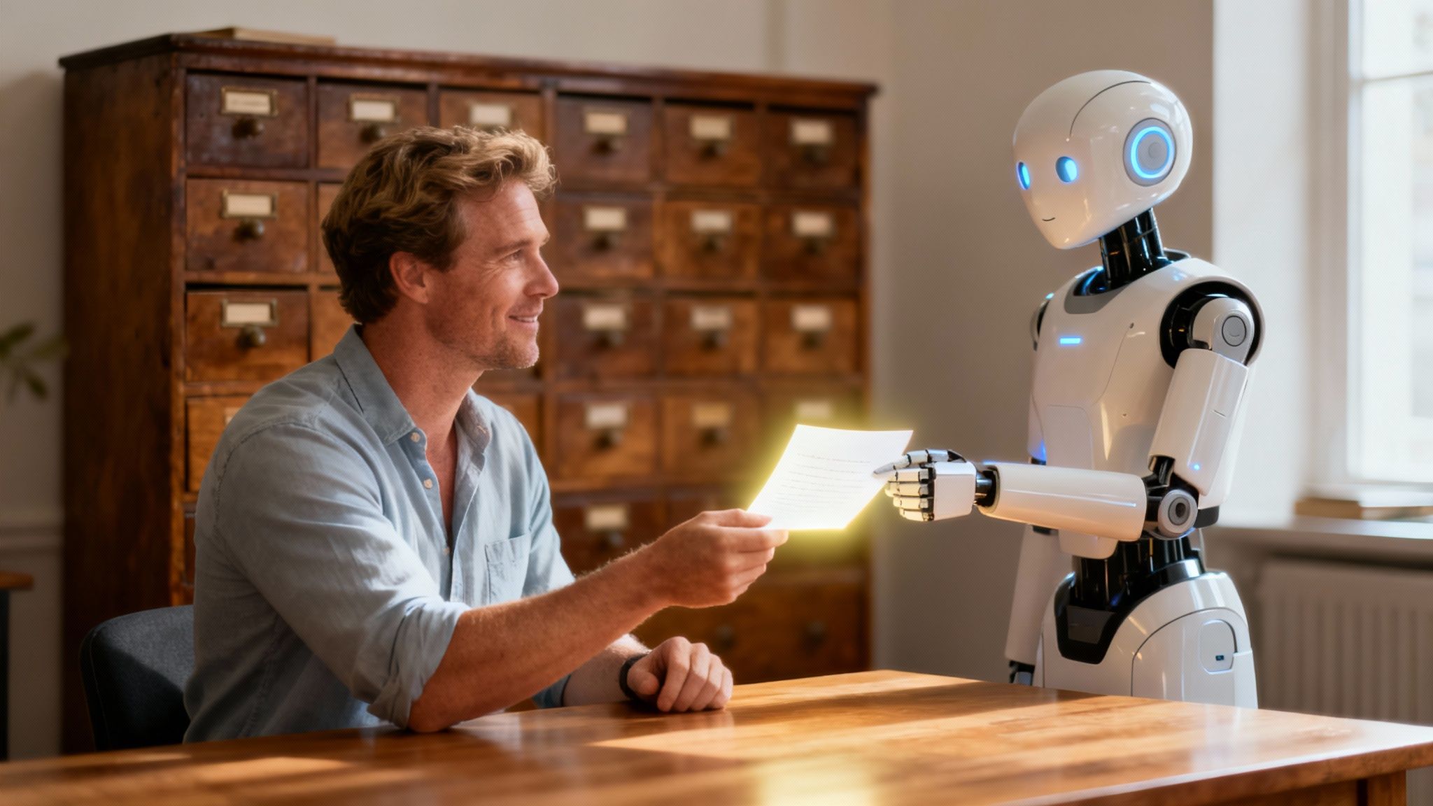 A man hands a glowing document to a friendly white humanoid robot in a warm office.