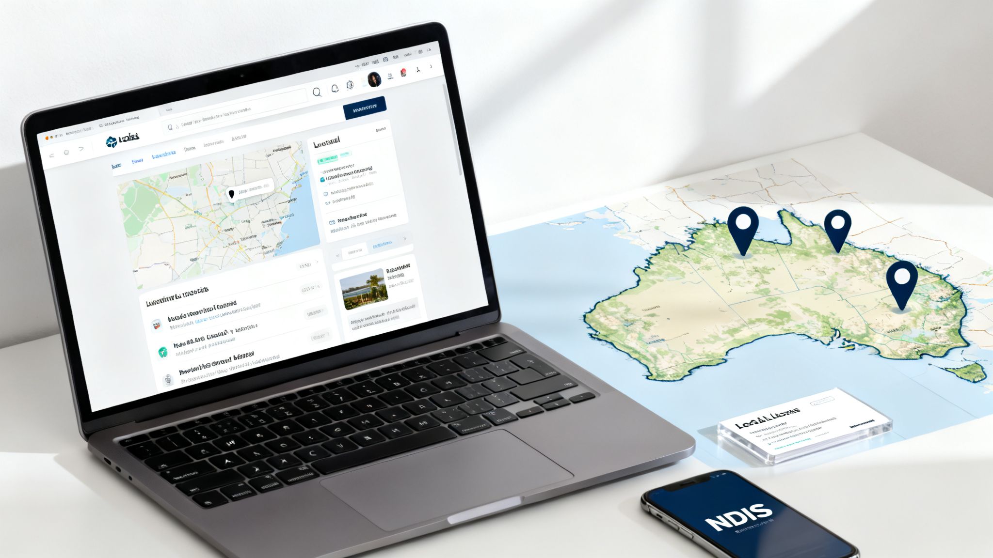 Laptop, smartphone with NDIS logo, and map of Australia with pins on a white desk.