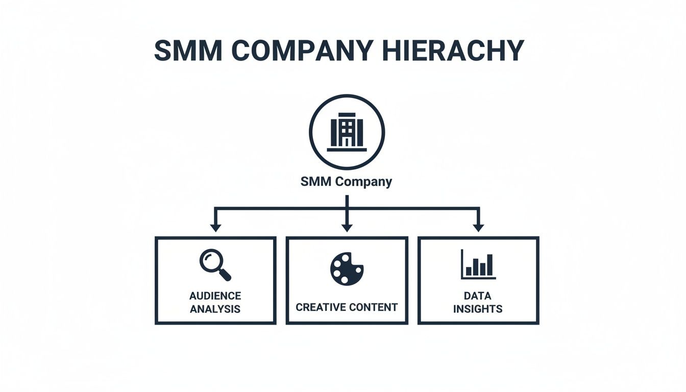An organizational chart depicting the SMM company hierarchy, including audience analysis, creative content, and data insights departments.