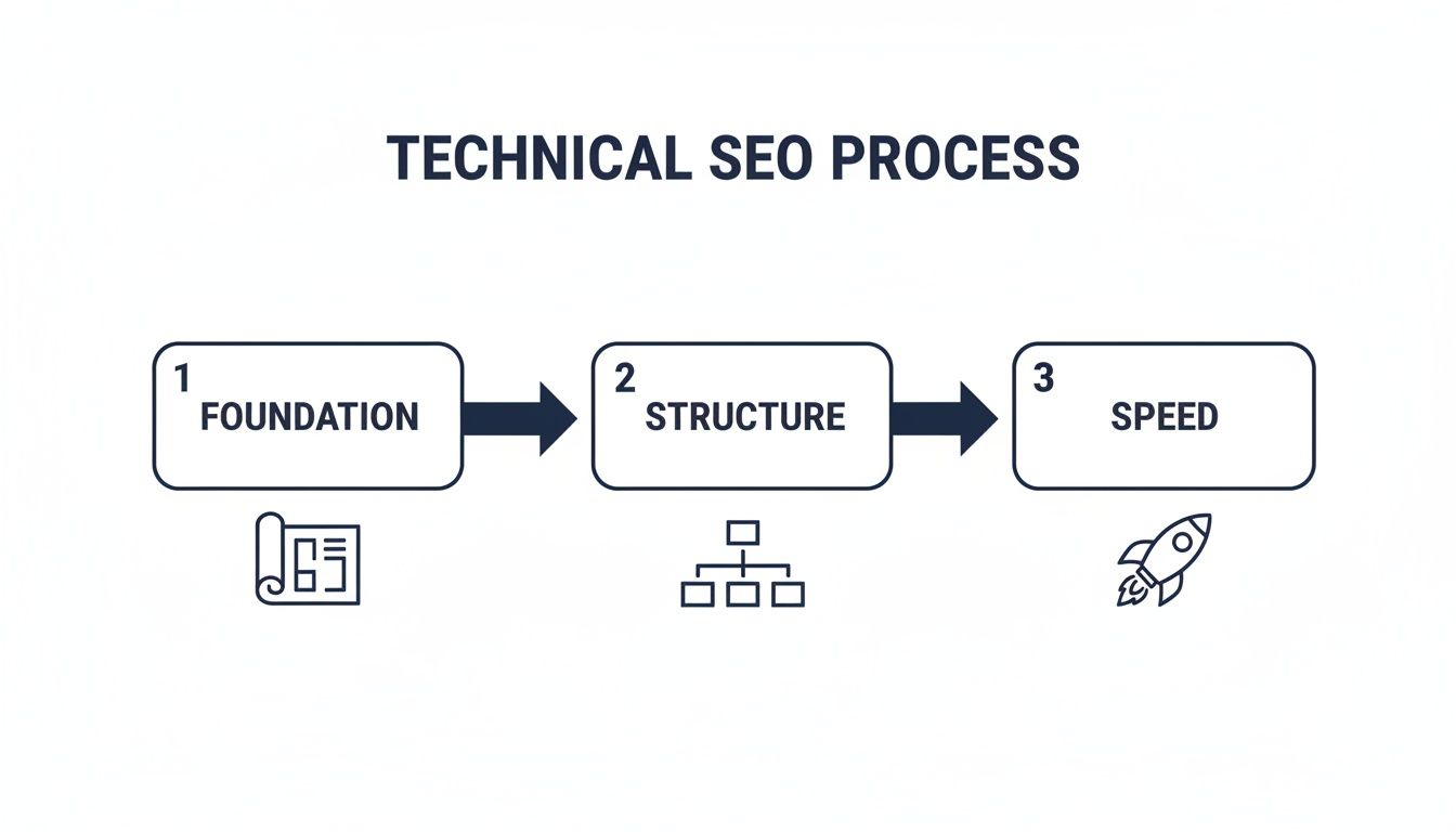 A three-step technical SEO process flowchart: Foundation, Structure, and Speed, with corresponding icons.