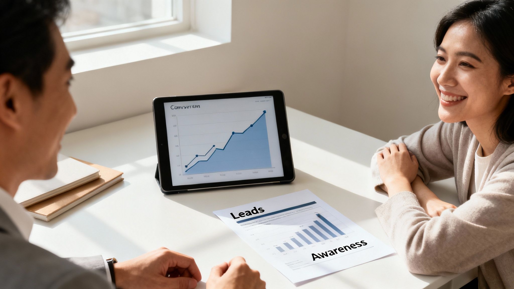 Two business professionals discussing marketing data on a tablet and paper in a sunlit office.