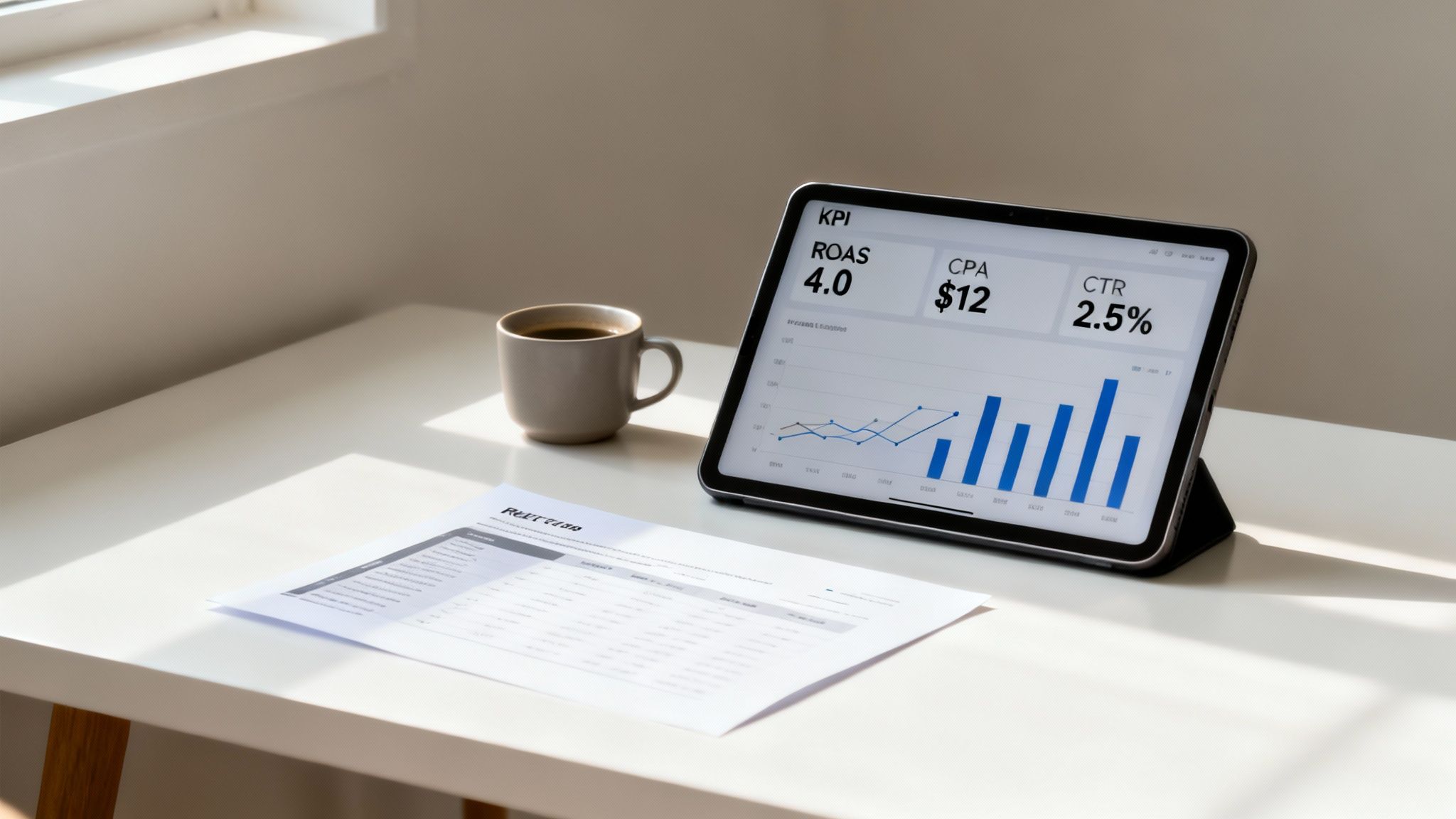 A tablet displaying marketing KPIs like ROAS, CPA, and CTR next to a coffee cup and document.