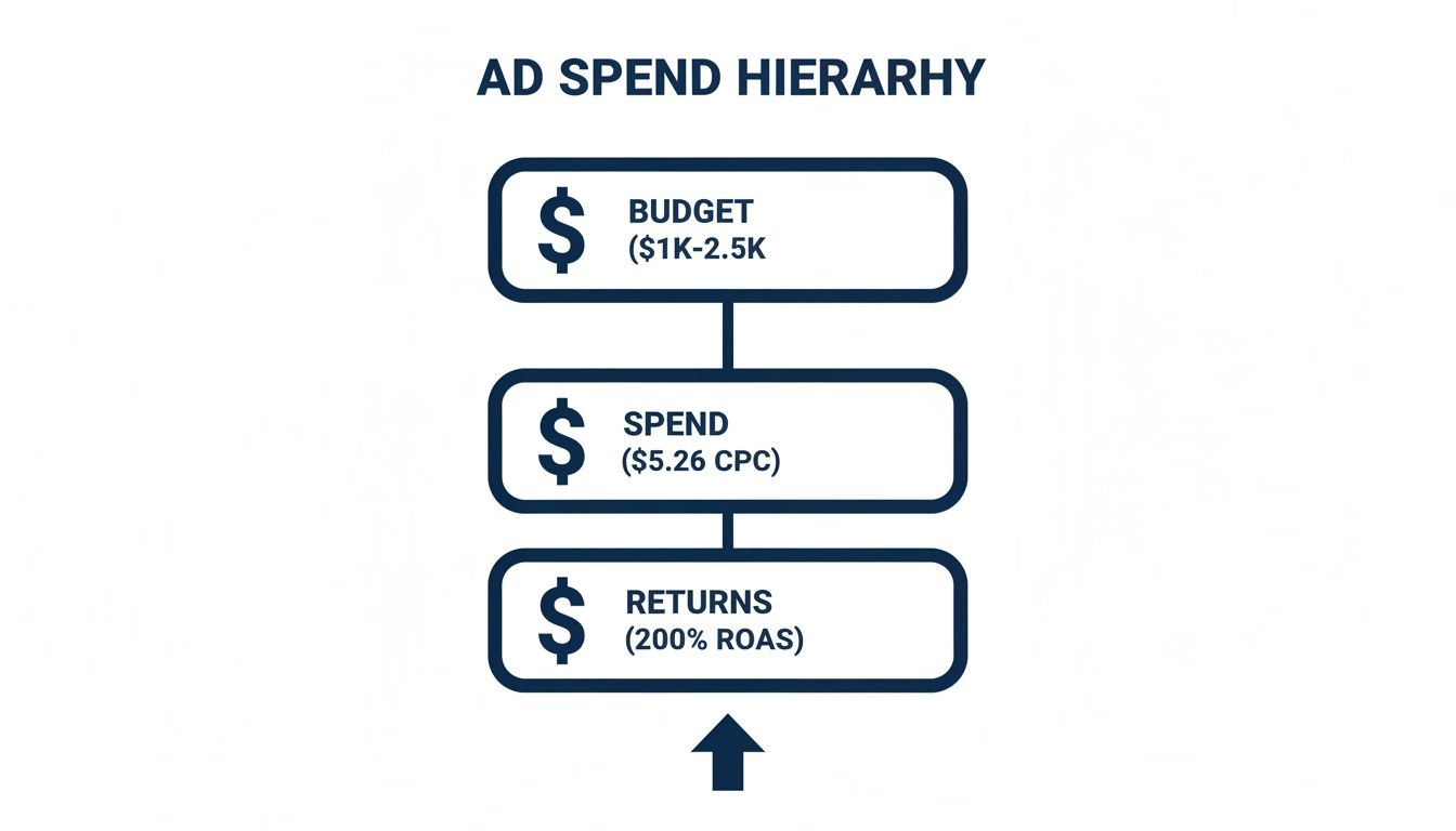 Hierarchy of ad spend showing budget ($1K-2.5K), spend ($5.26 CPC), and returns (200% ROAS).