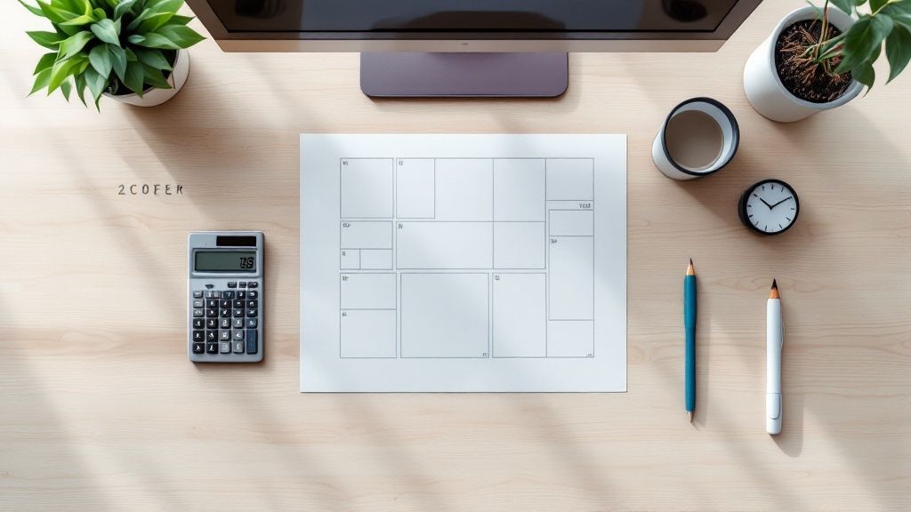 A person pointing at a laptop screen showing website design mockups and cost calculations.