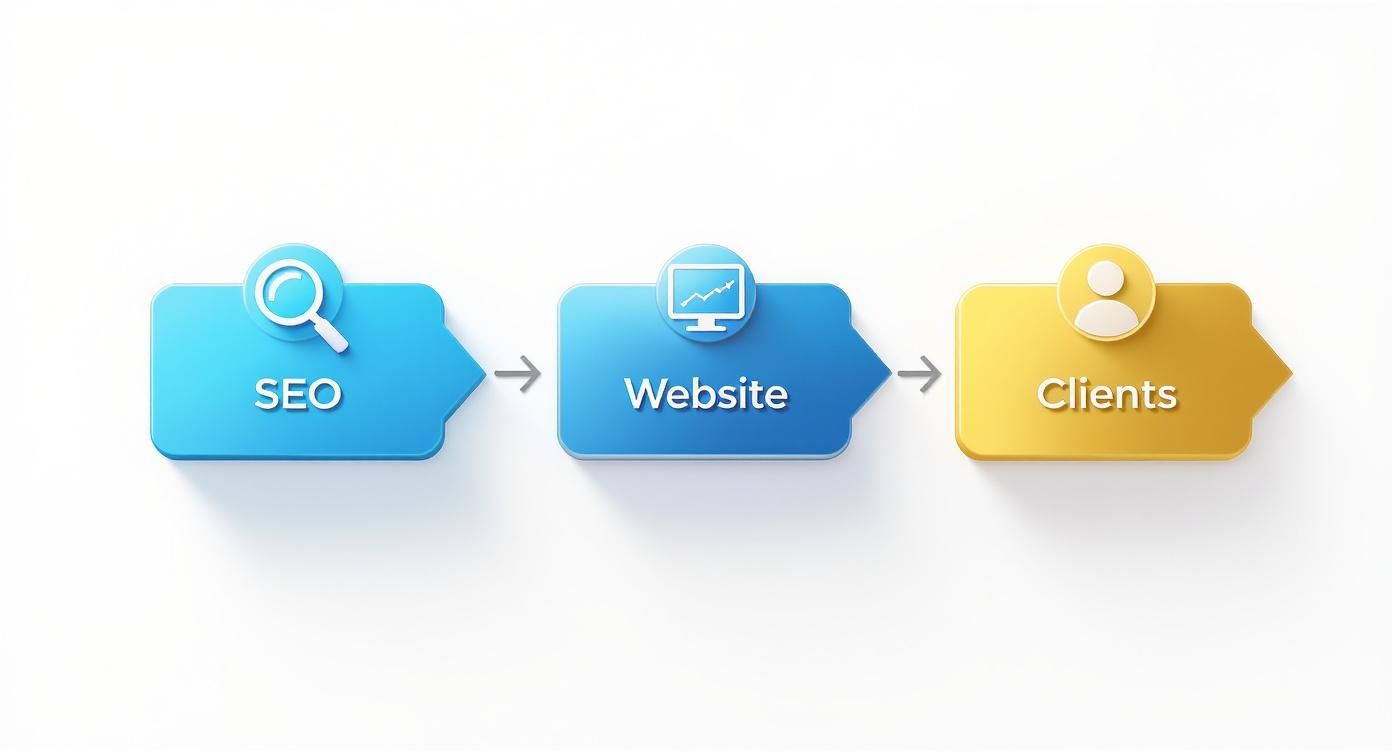 A 3D infographic illustrating the SEO process: Search Engine Optimization leads to a Website, which generates Clients.