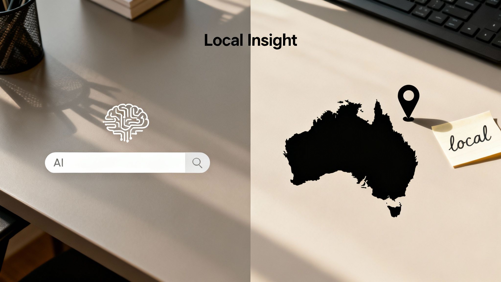 AI search interface with brain icon, beside a map of Australia and a 'local' note, for local insights.
