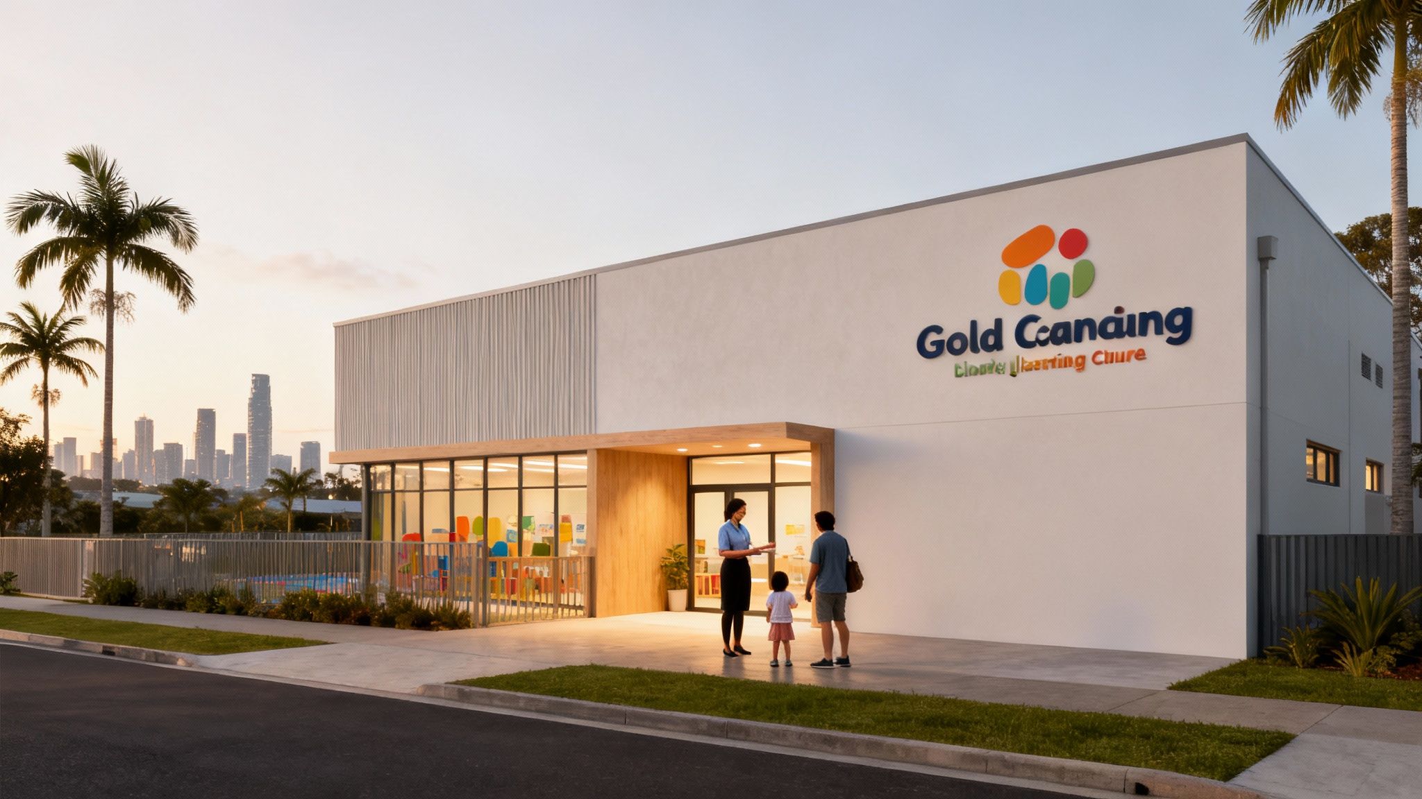 Smiling child playing with colourful blocks at an early learning centre.