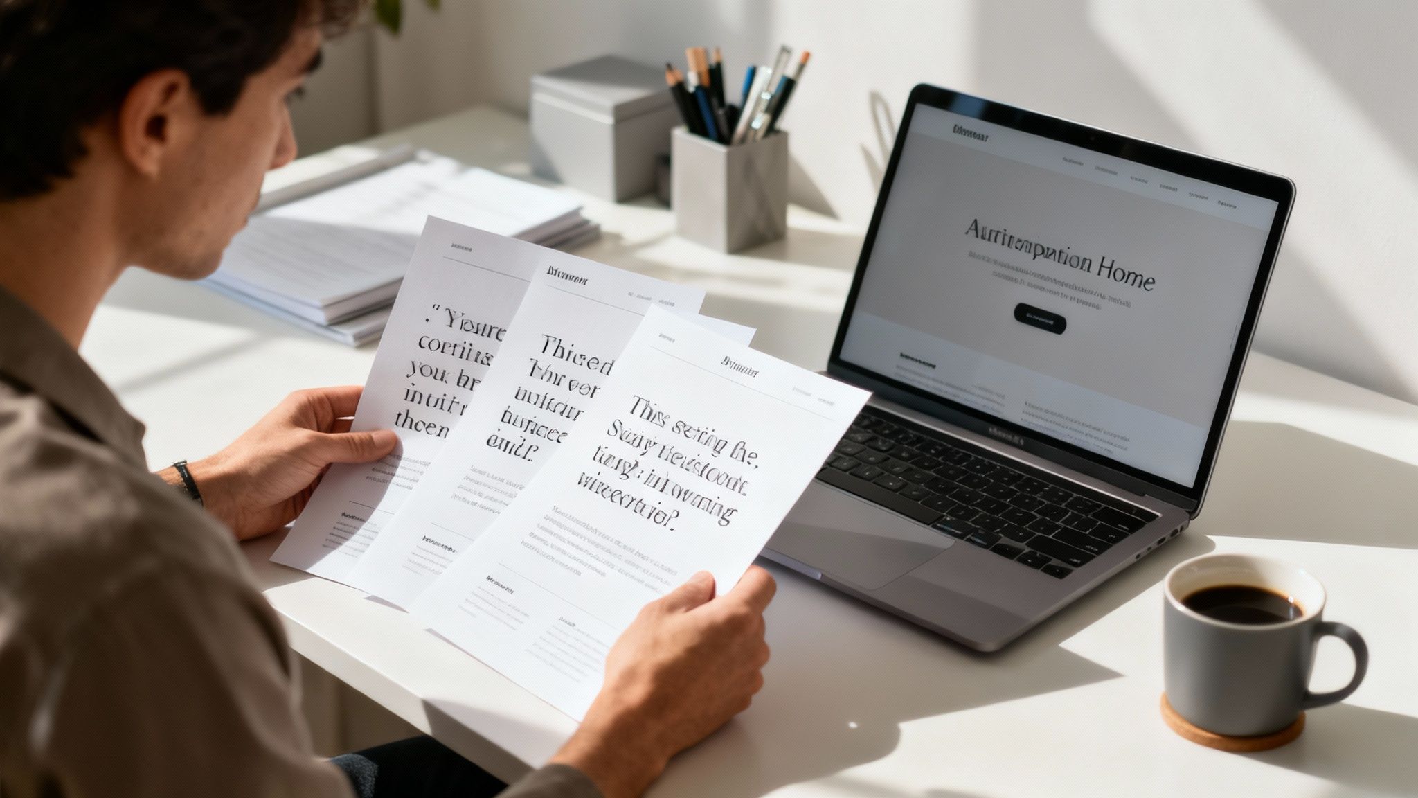 A man reads physical documents at a bright desk with a laptop displaying a website and a coffee mug.