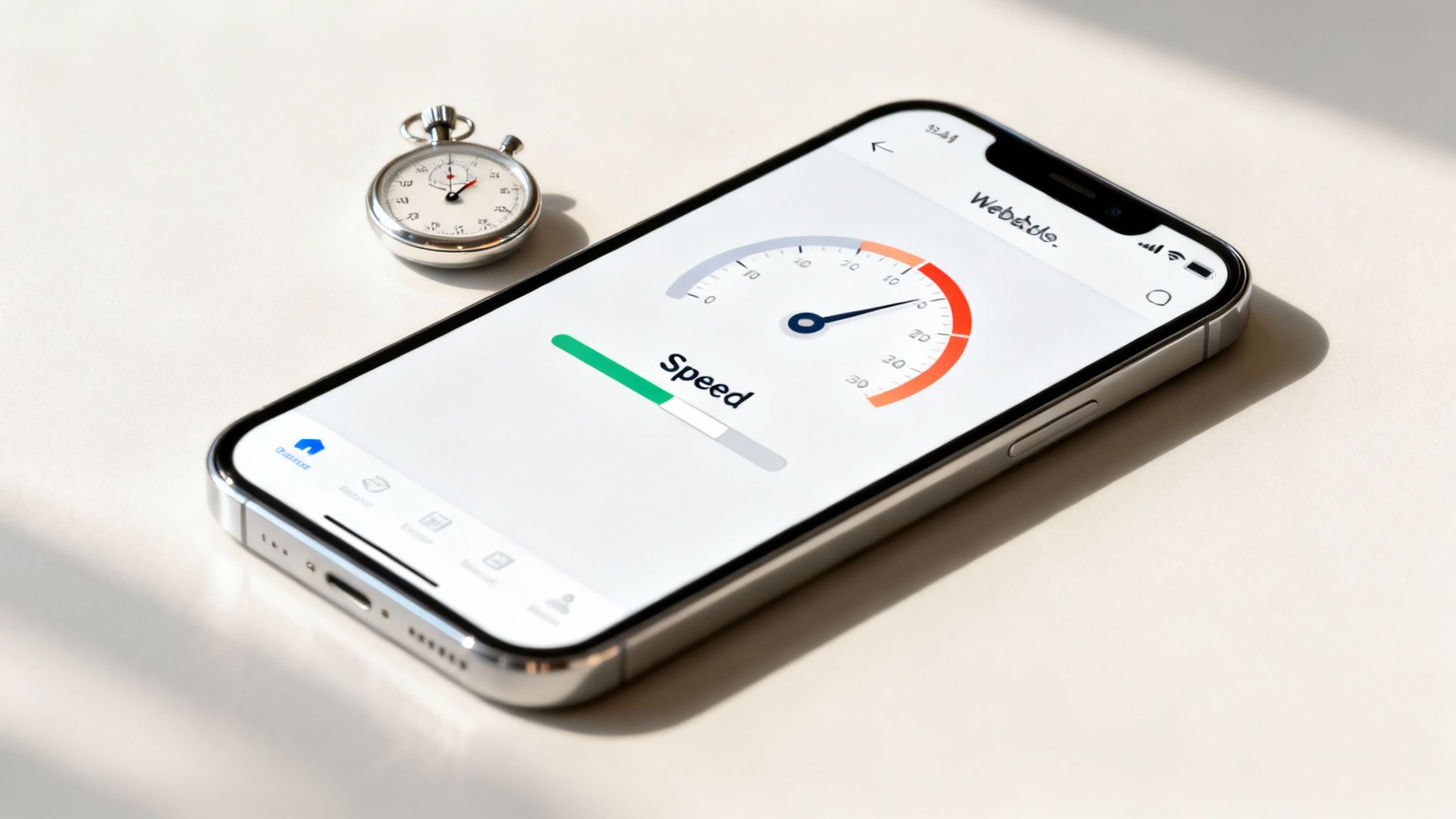 An iPhone displays a website speed test app with a gauge, next to a stopwatch.