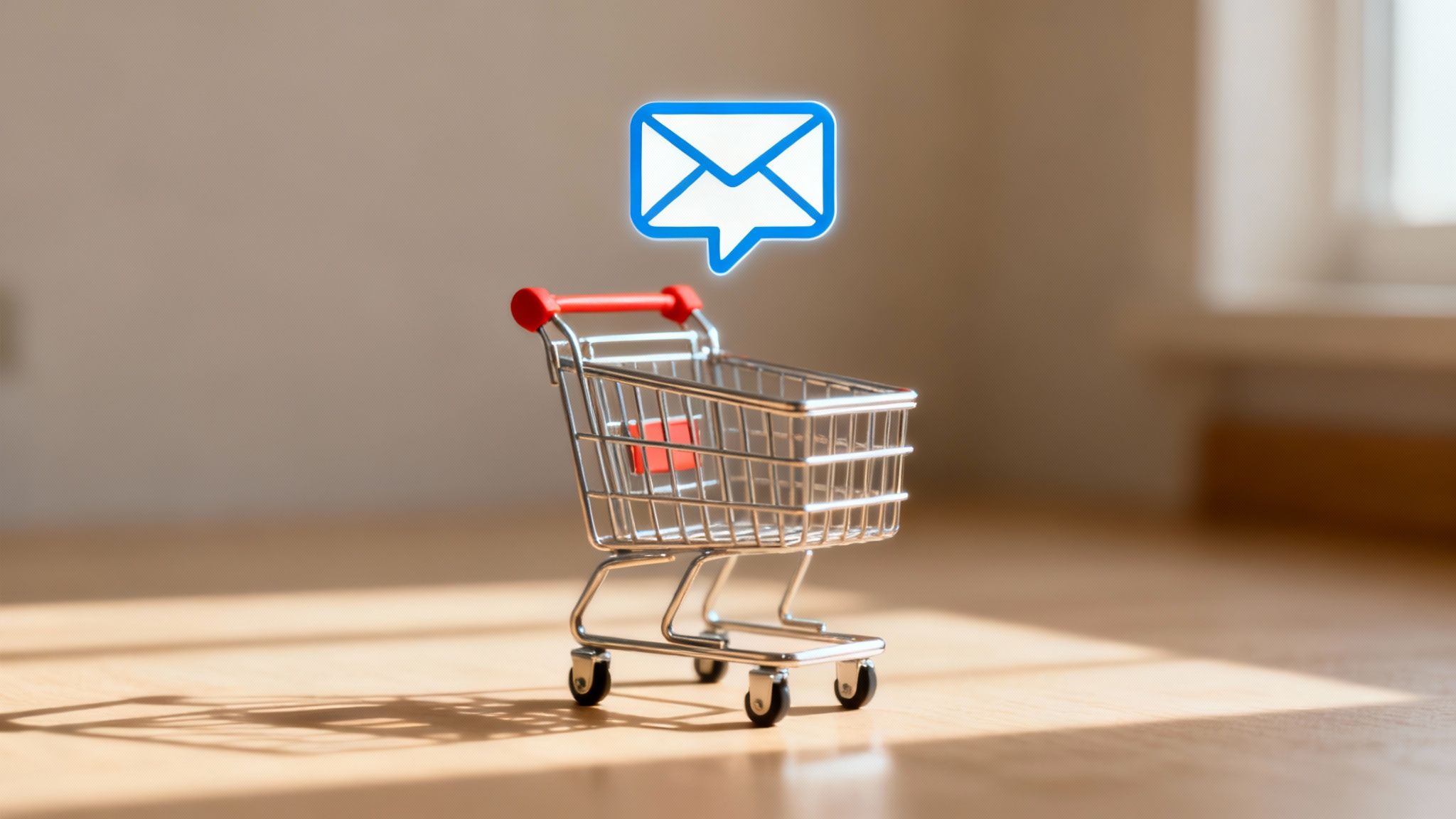 Woman in a retail store looking at her phone, with graphical overlays of email and shopping cart icons.