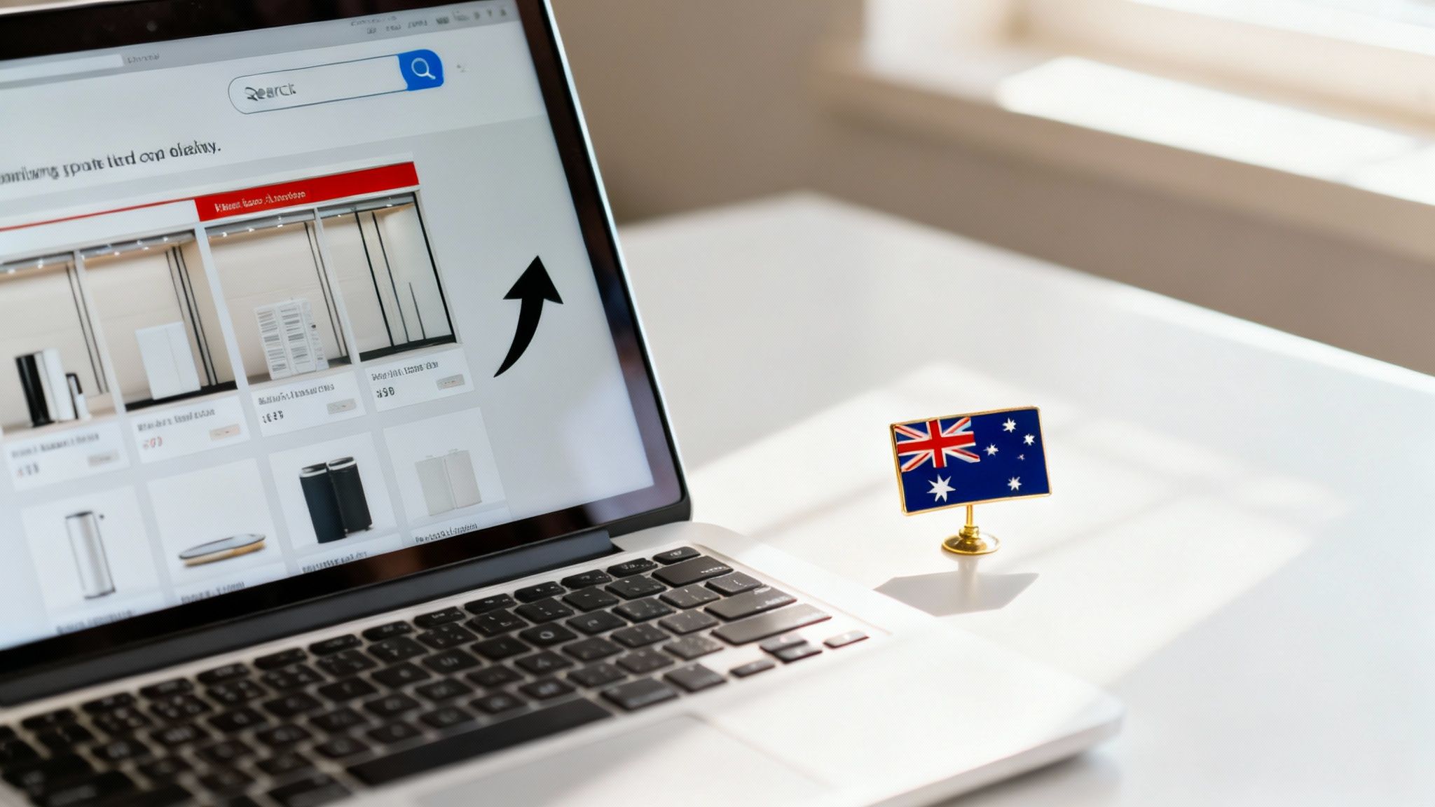 A laptop shows an online store with products and search bar, next to an Australian flag.