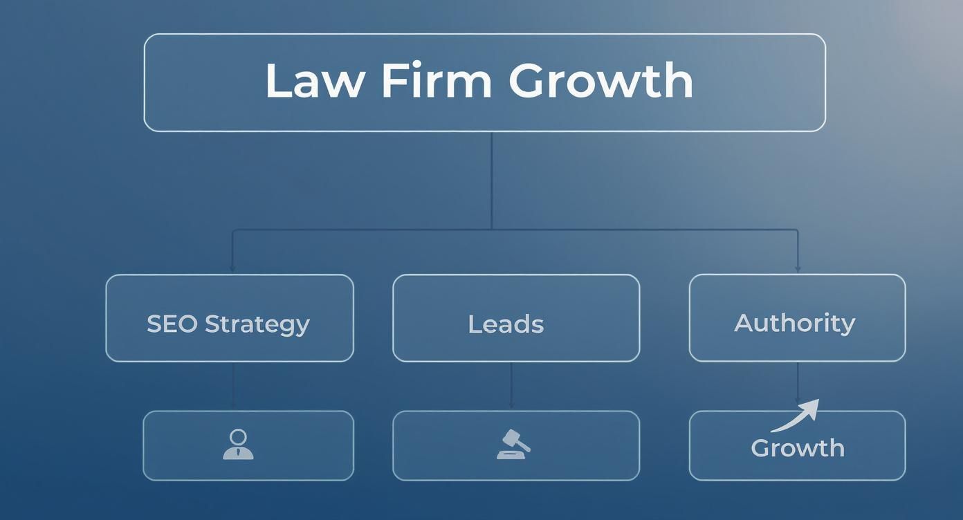 Law firm growth strategy diagram showing SEO strategy, leads generation, authority building, and growth path