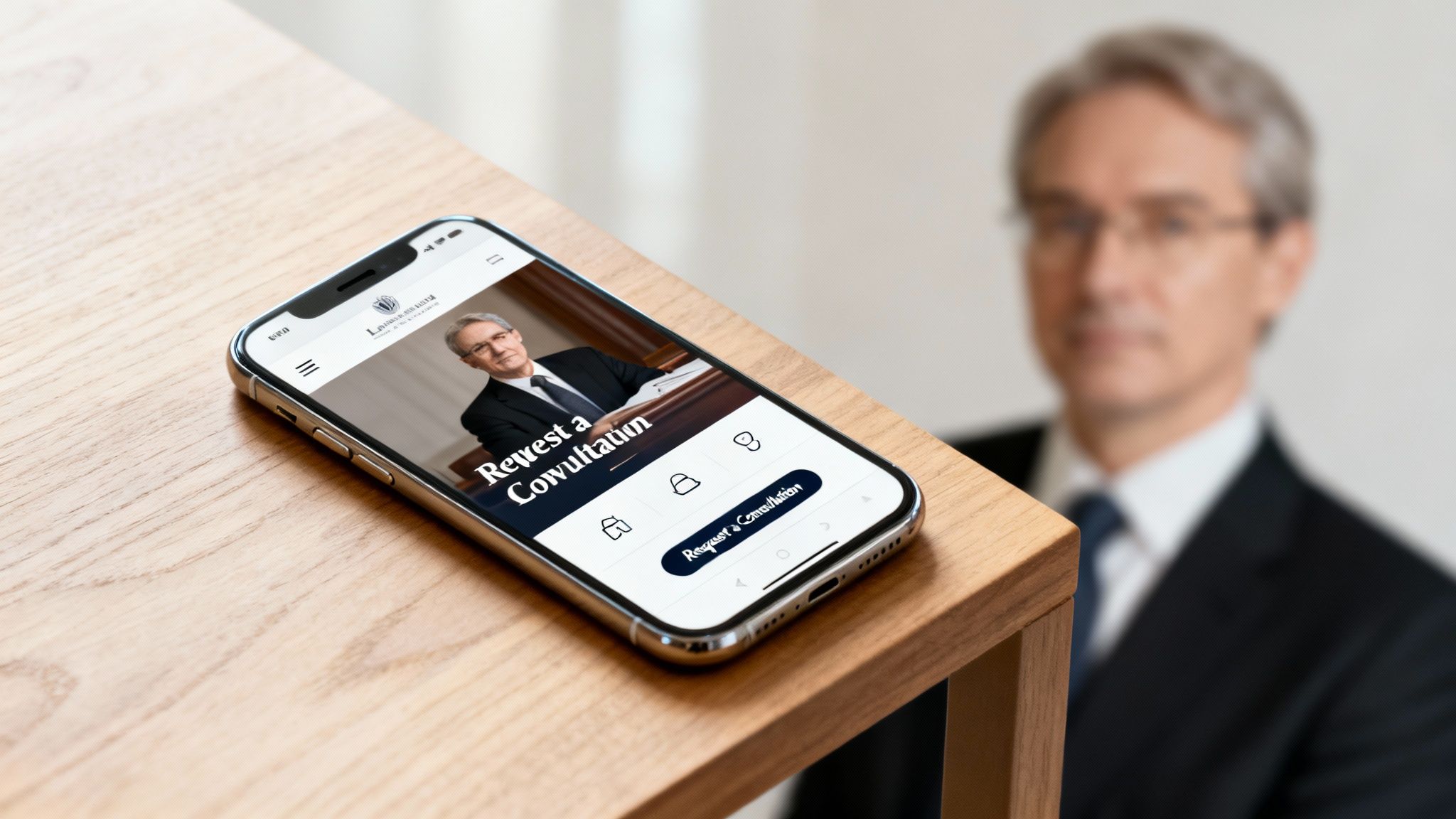 An iPhone on a wooden table displays a law firm website with a lawyer and a "Request a Consultation" button.