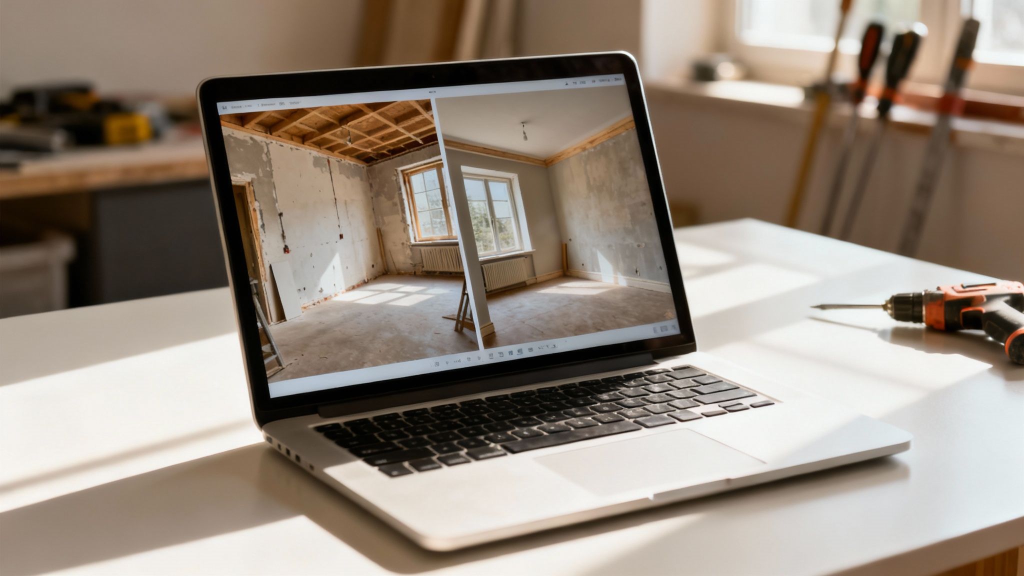 A laptop displays a room renovation 'before and after' comparison, next to a power drill on a white desk.