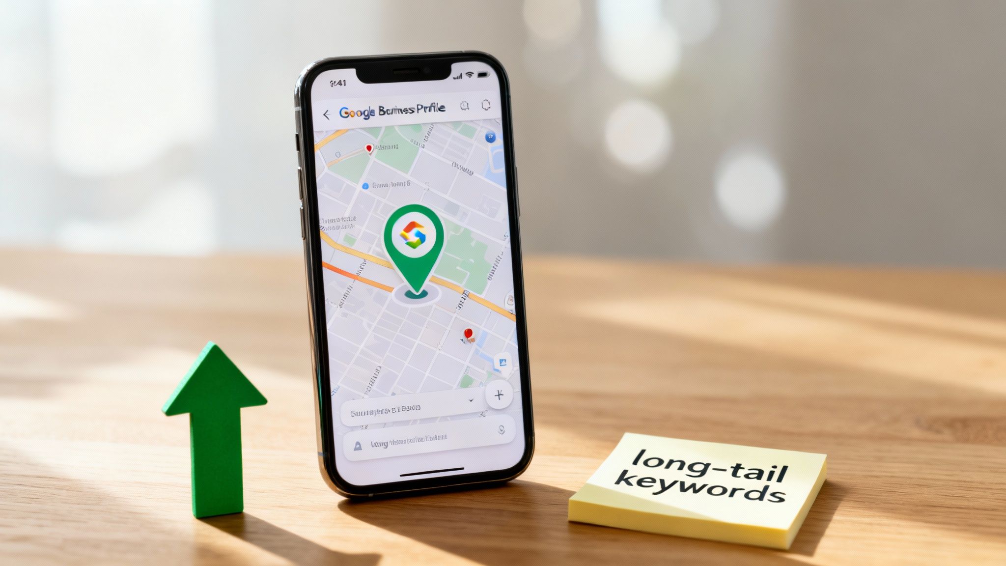 Smartphone displaying Google Business Profile map with an upward arrow and 'long-tail keywords' sticky note.