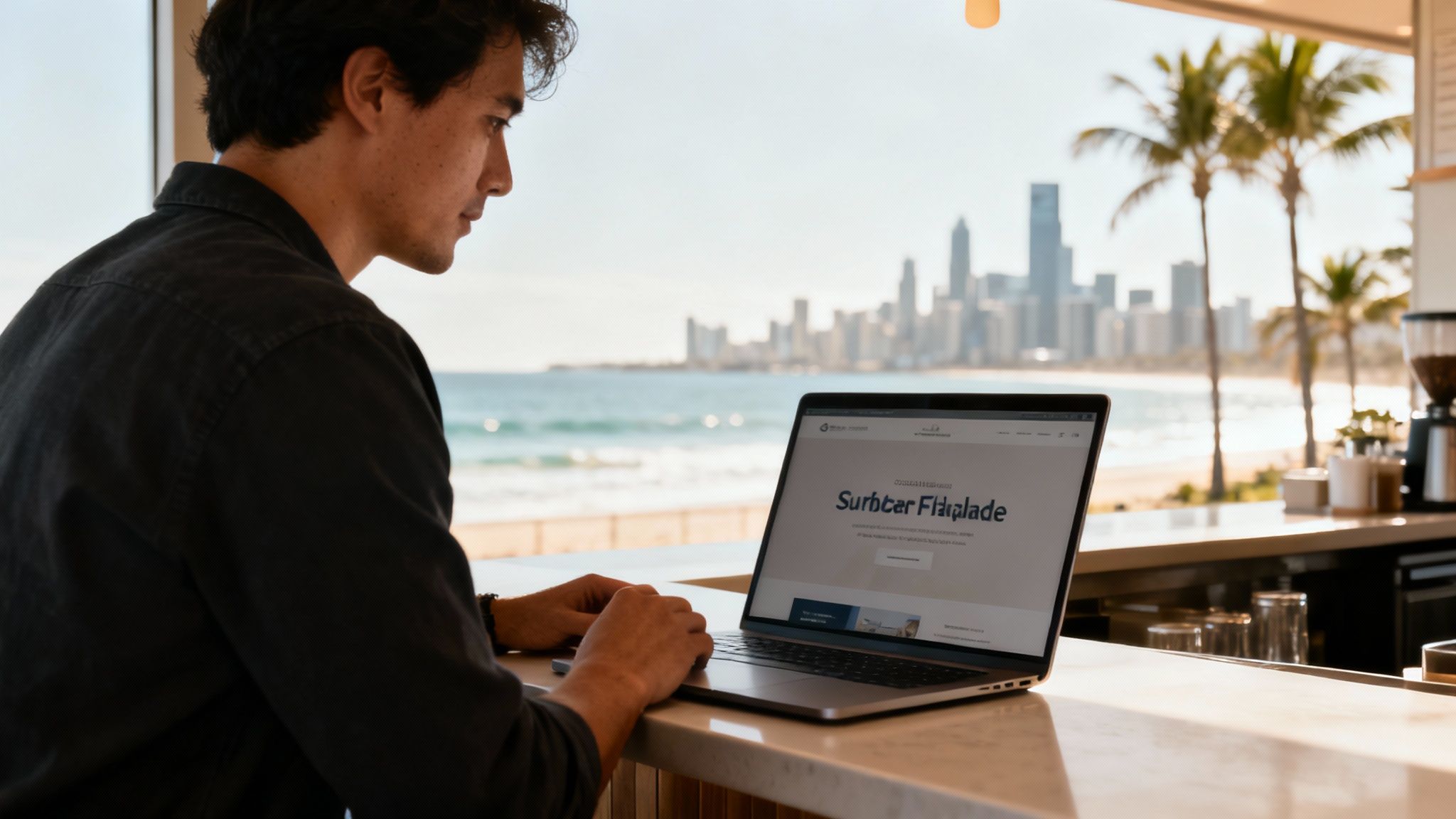 A modern, responsive website displayed on a laptop with the Gold Coast skyline in the background.
