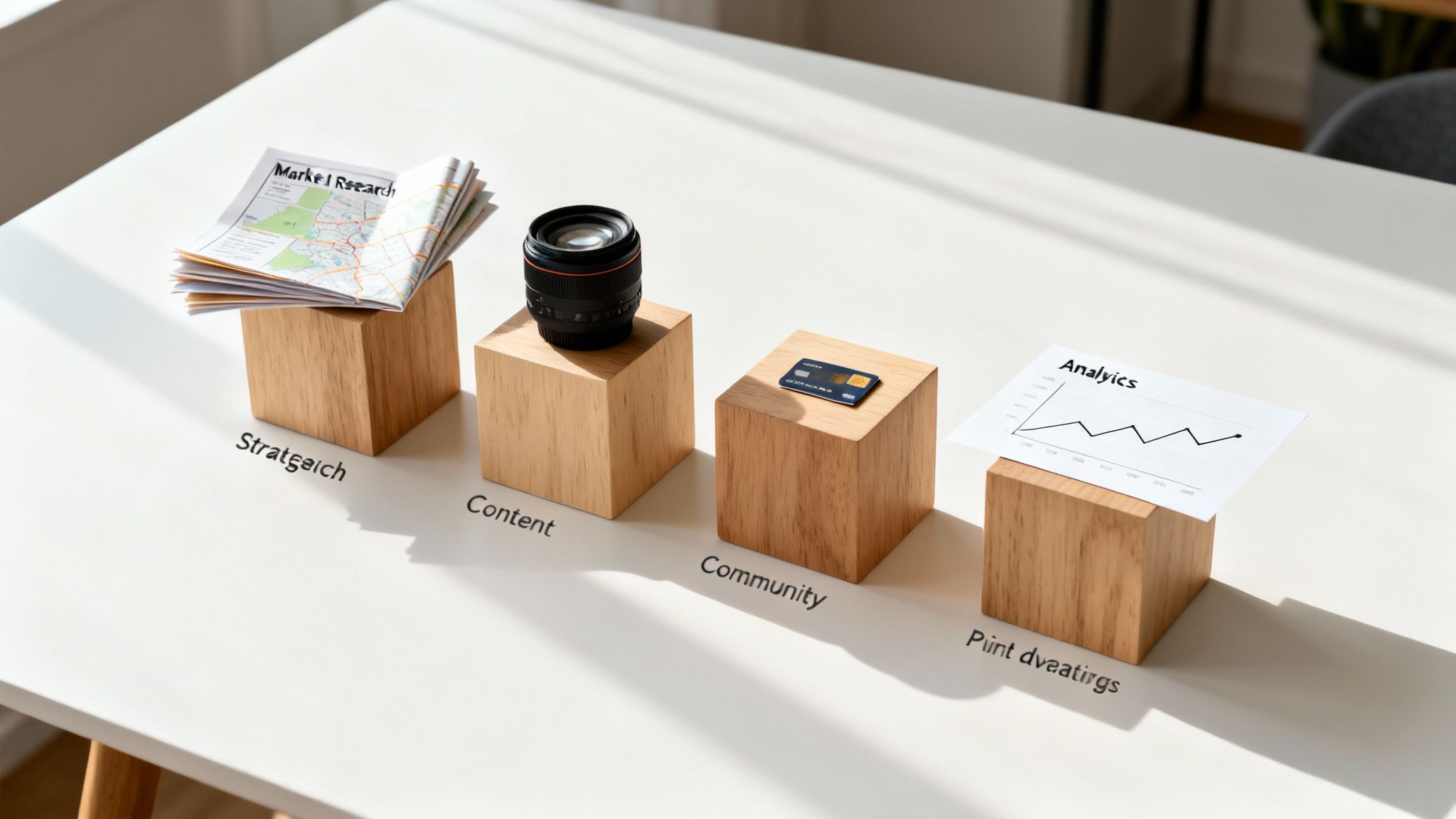 Four wooden blocks symbolizing business strategy, content, community, and analytics on a white table.