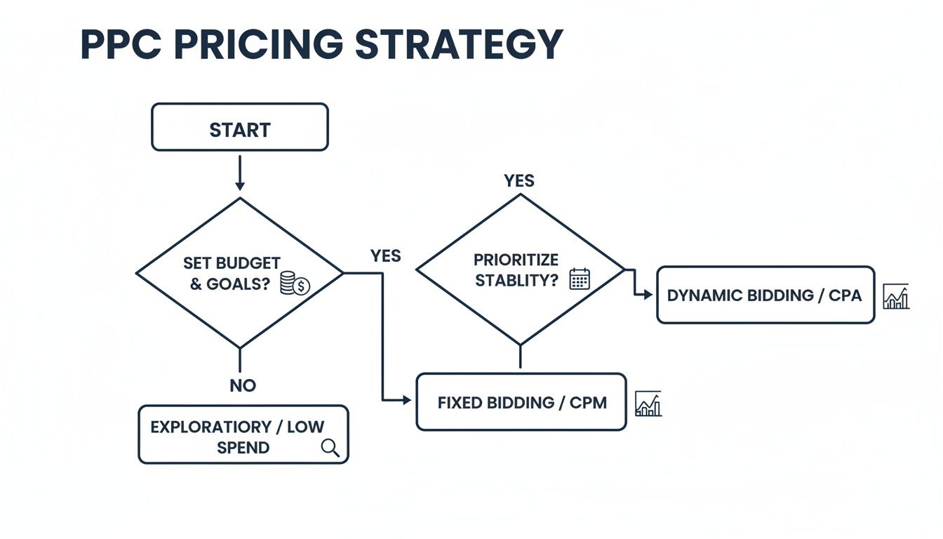A flowchart illustrating PPC pricing strategy decisions based on budget, goals, and stability prioritization.