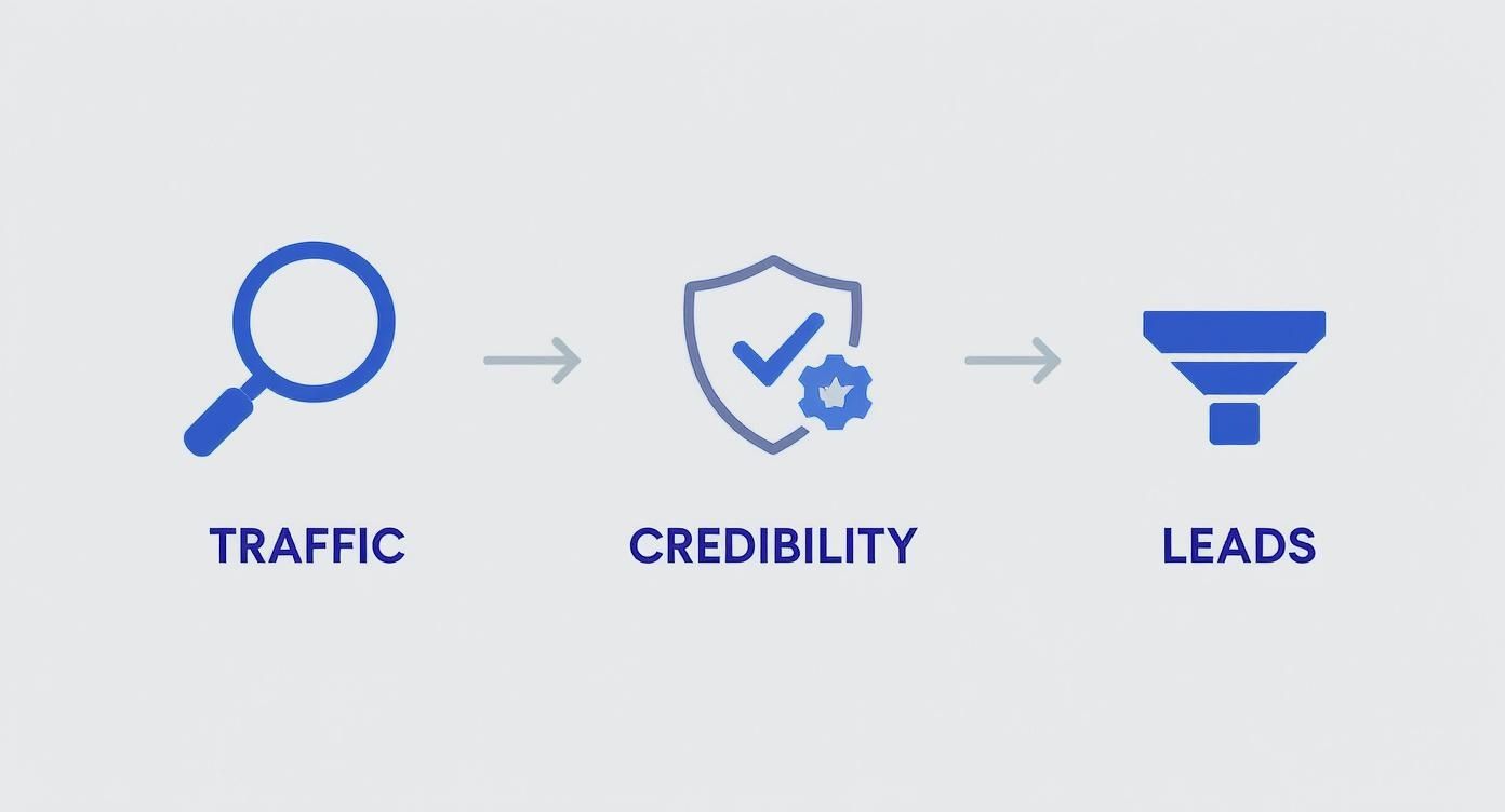 Digital marketing funnel showing traffic generation, credibility building, and lead conversion process with icons