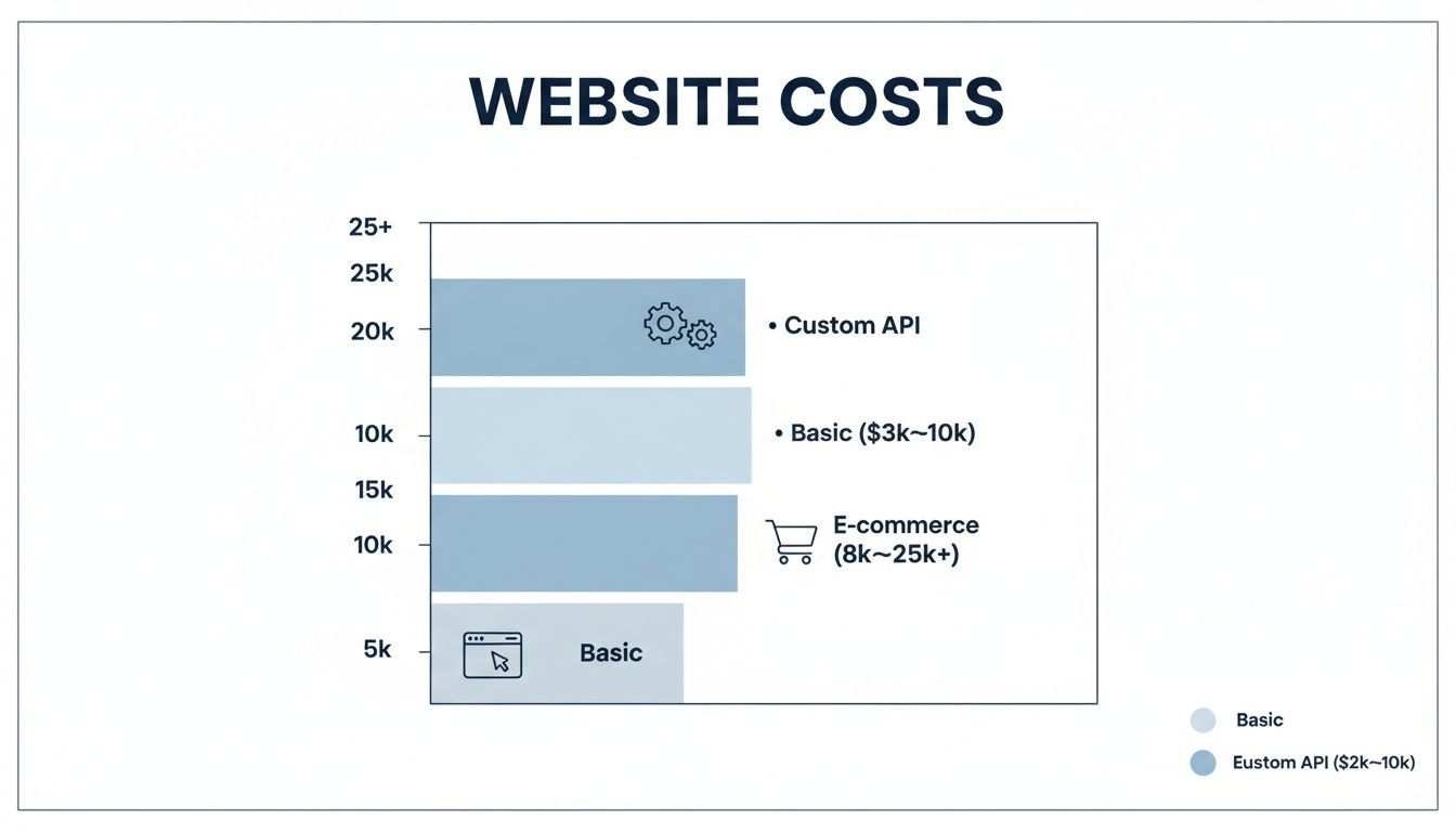 A bar chart illustrates website development costs for basic, e-commerce, and custom API sites.