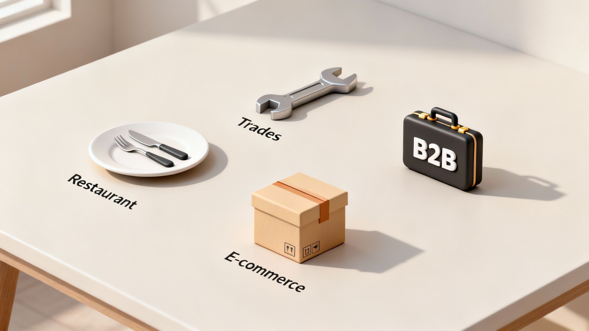 Four 3D icons on a table representing restaurant, trades, B2B, and e-commerce business sectors.