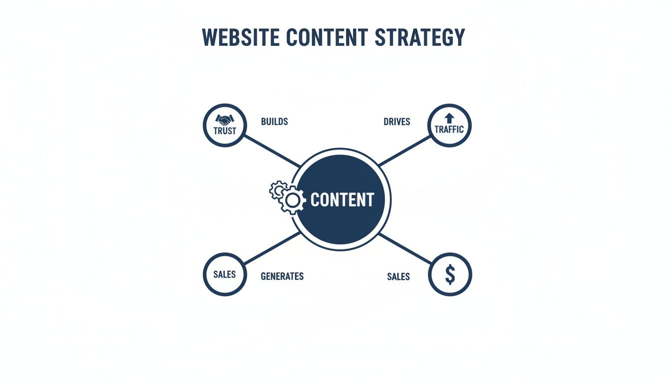 A website content strategy diagram showing content builds trust, drives traffic, and generates sales.