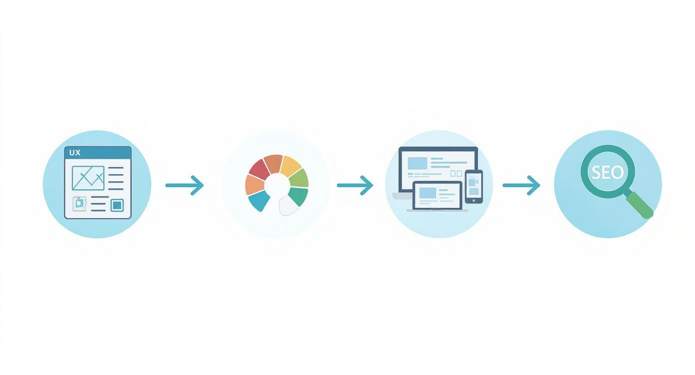 Infographic showing the web design process flow: UX wireframe, UI colour palette, Responsive design for devices, and SEO magnifying glass.