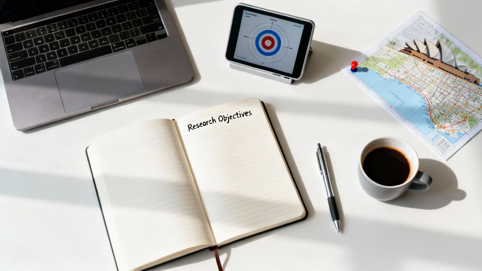 Market research planning workspace with notebook labeled Research Objectives, laptop, tablet showing target diagram, and coffee
