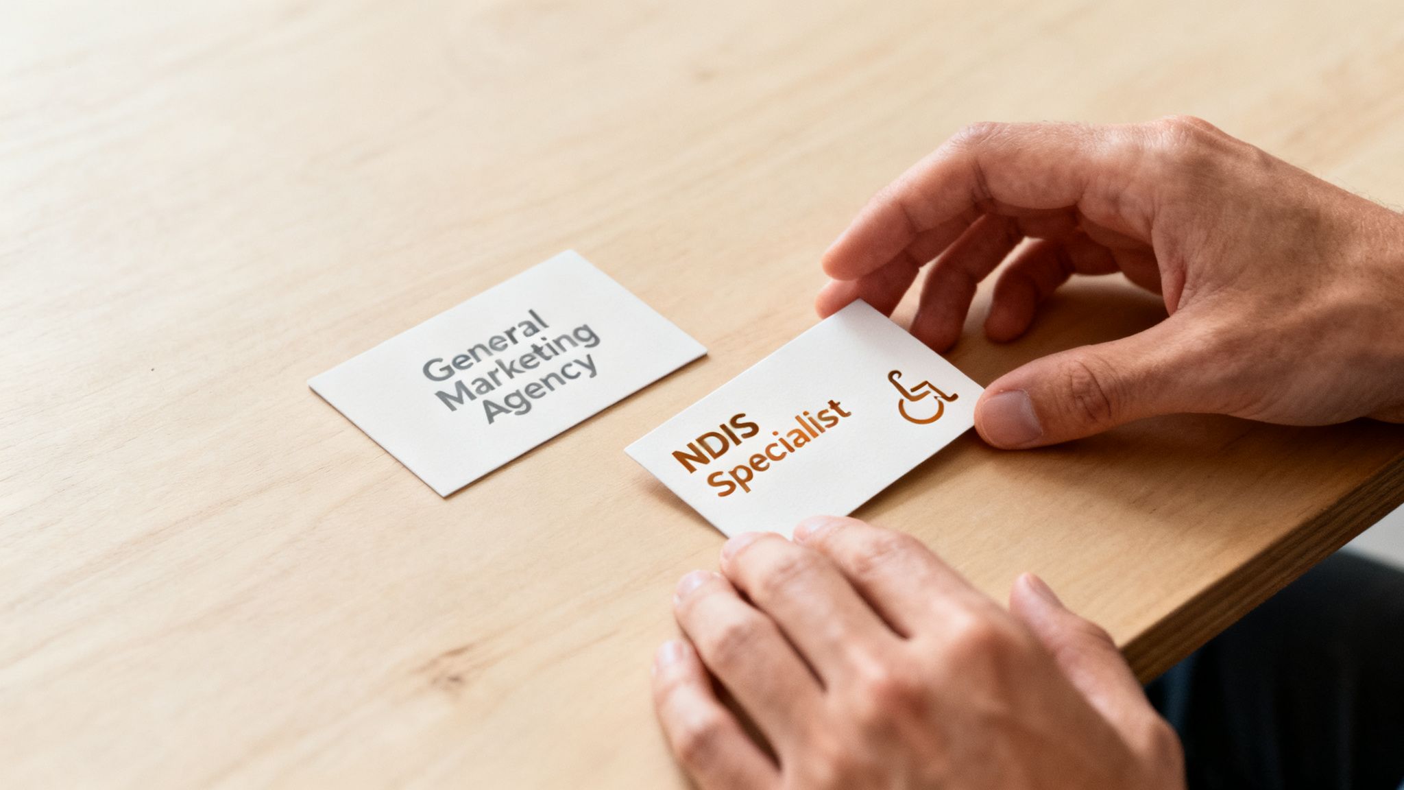 A person's hands hold an 'NDIS Specialist' business card with a wheelchair symbol, next to a 'General Marketing Agency' card on a wooden table.